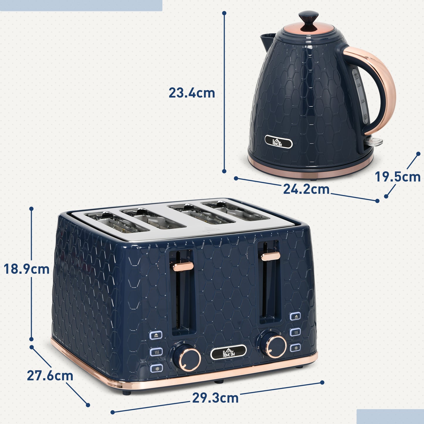 HOMCOM Stylish Blue Kettle and Toaster Set - 1.7L Fast Boil Kettle with Auto Shut Off & 4-Slice Toaster with 7 Browning Levels - ALL4U RETAILER LTD