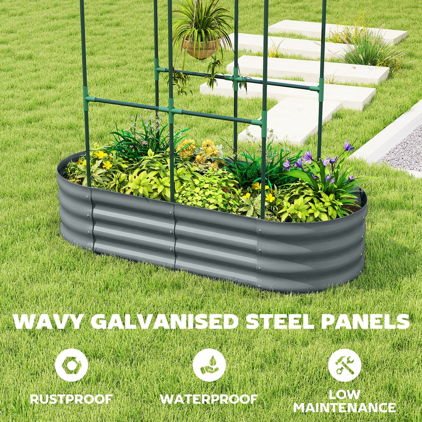 Outsunny Galvanised Raised Garden Bed With Arched Trellis 4 X 2 X 4.6 Ft Open Bottom Metal Planter Dark Grey