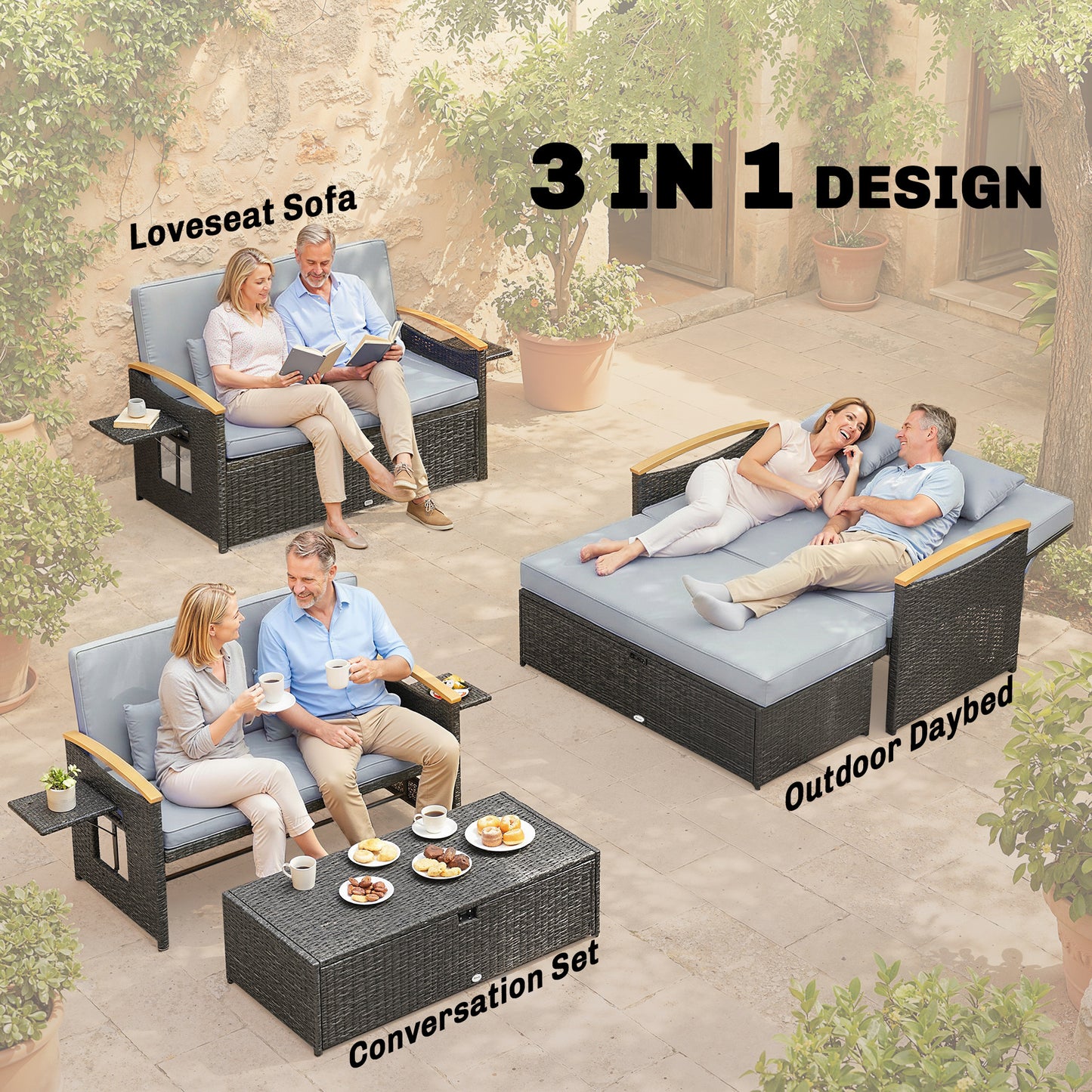 Outsunny Double Outdoor Rattan Daybed Chaise Lounger With Storage Ottoman And 4-Level Adjustable Backrest Dark Grey