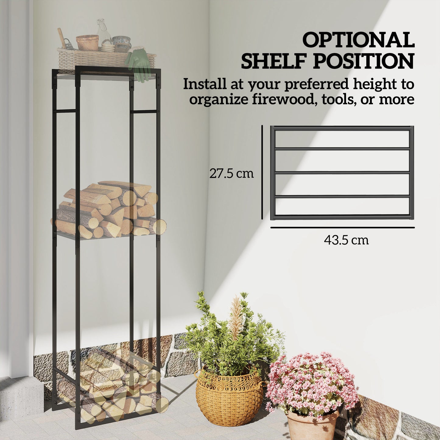 Outsunny Metal Firewood Log Holder With Adjustable Shelf Heavy Duty Log Rack For Indoor Outdoor Use Black