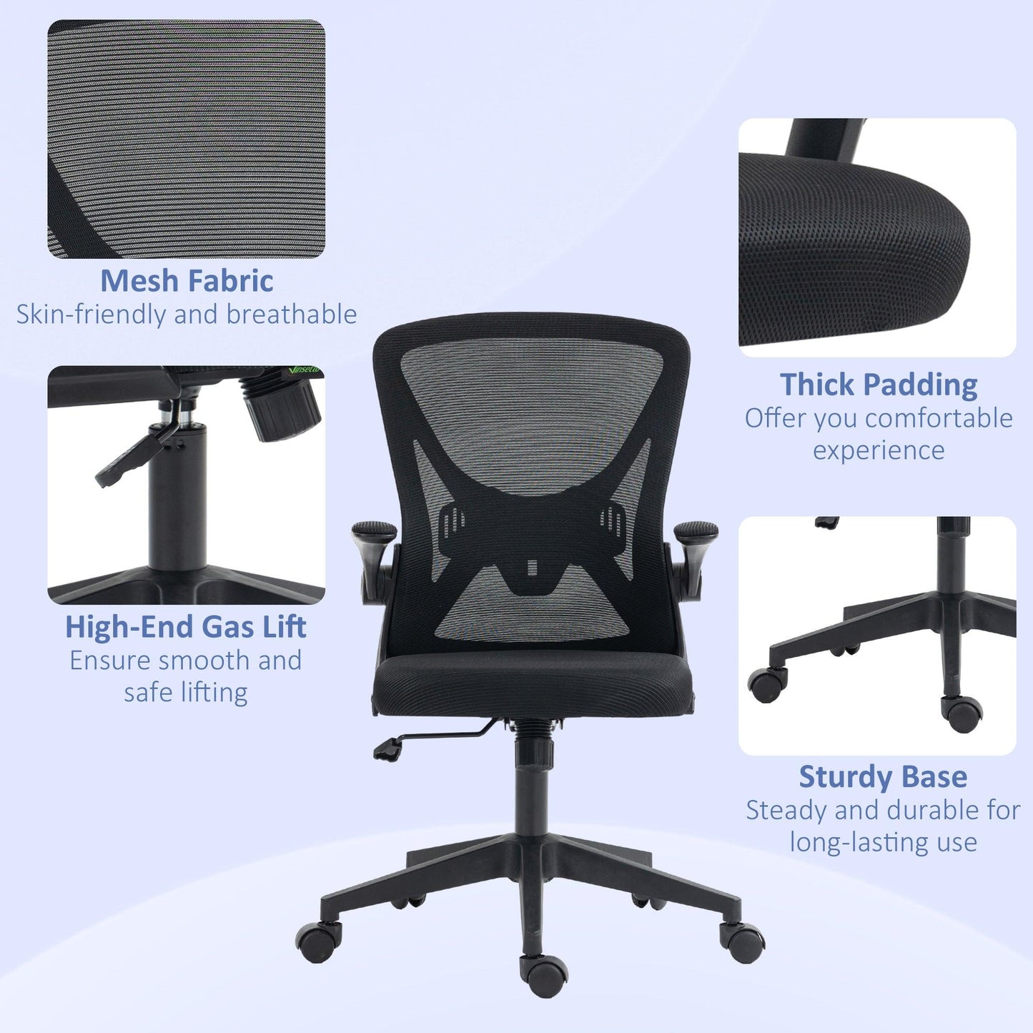 Vinsetto Mesh Office Chair with Flip-up Armrests, Ergonomic Computer Desk Chair with Lumbar Support and Swivel Wheels, Black - ALL4U RETAILER LTD