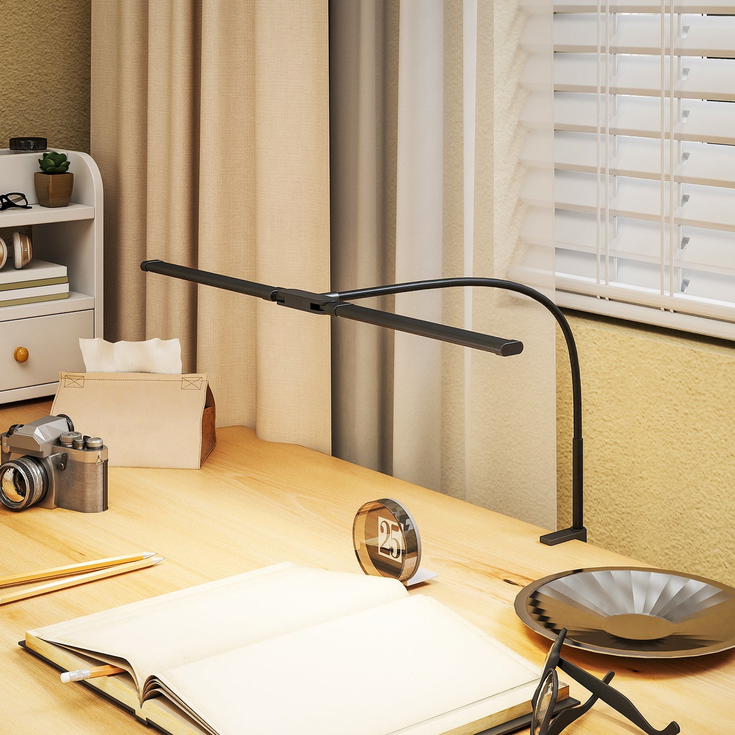 HOMCOM LED Desk Lamp With Clamp Dual Head Gooseneck 3 Color Modes 10 Brightness Levels Timer Memory Study Office Black