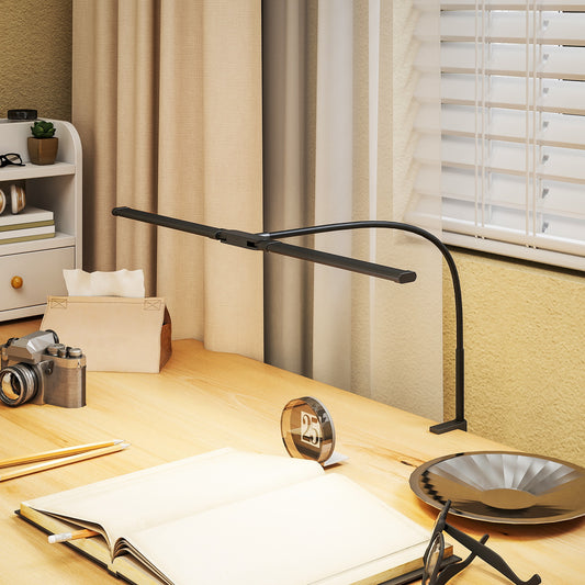 HOMCOM LED Desk Lamp With Clamp Dual Head Gooseneck 3 Color Modes 10 Brightness Levels Timer Memory Study Office Black