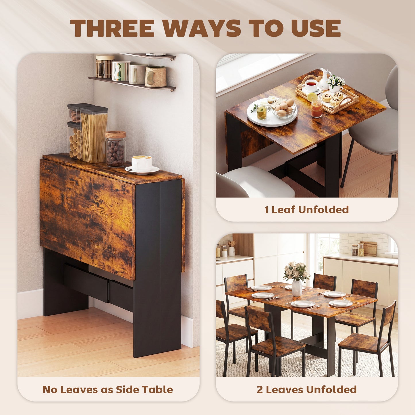 HOMCOM Folding Dining Table Space Saving Drop Leaf Kitchen Table For 4 To 6 People Rustic Brown