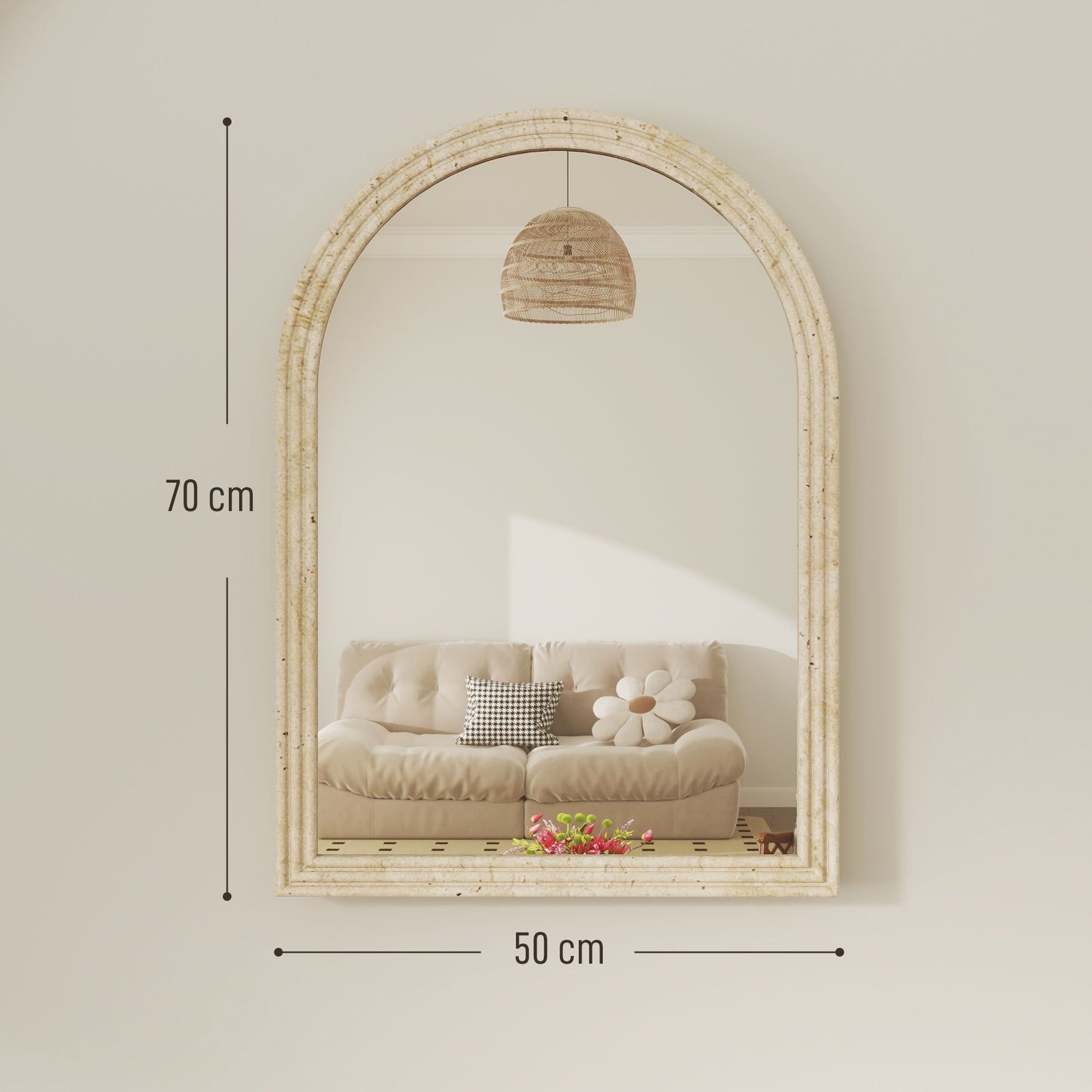HOMCOM Arched Wall Mirror With Grooved Edge And Hooks Wall Mounted Modern Tempered Glass Beige