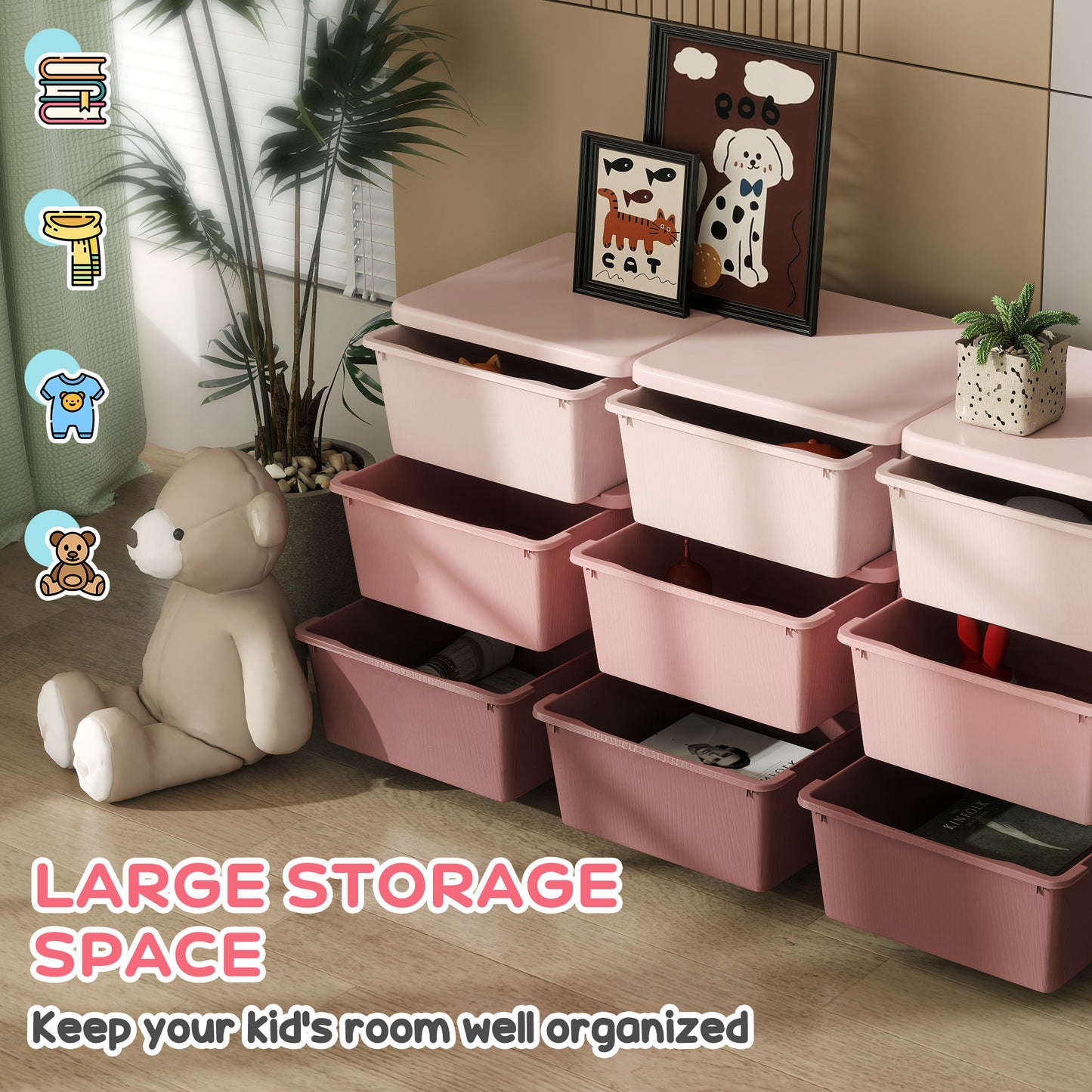 HOMCOM Kids Storage Unit with Nine Drawers Pink Toy Organizer for Toys and Books