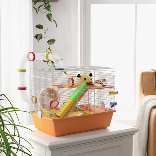 PawHut Interactive 3-Tier Gerbil and Hamster Cage with Exercise Wheel, Tunnels, and Accessories - Orange - ALL4U RETAILER LTD