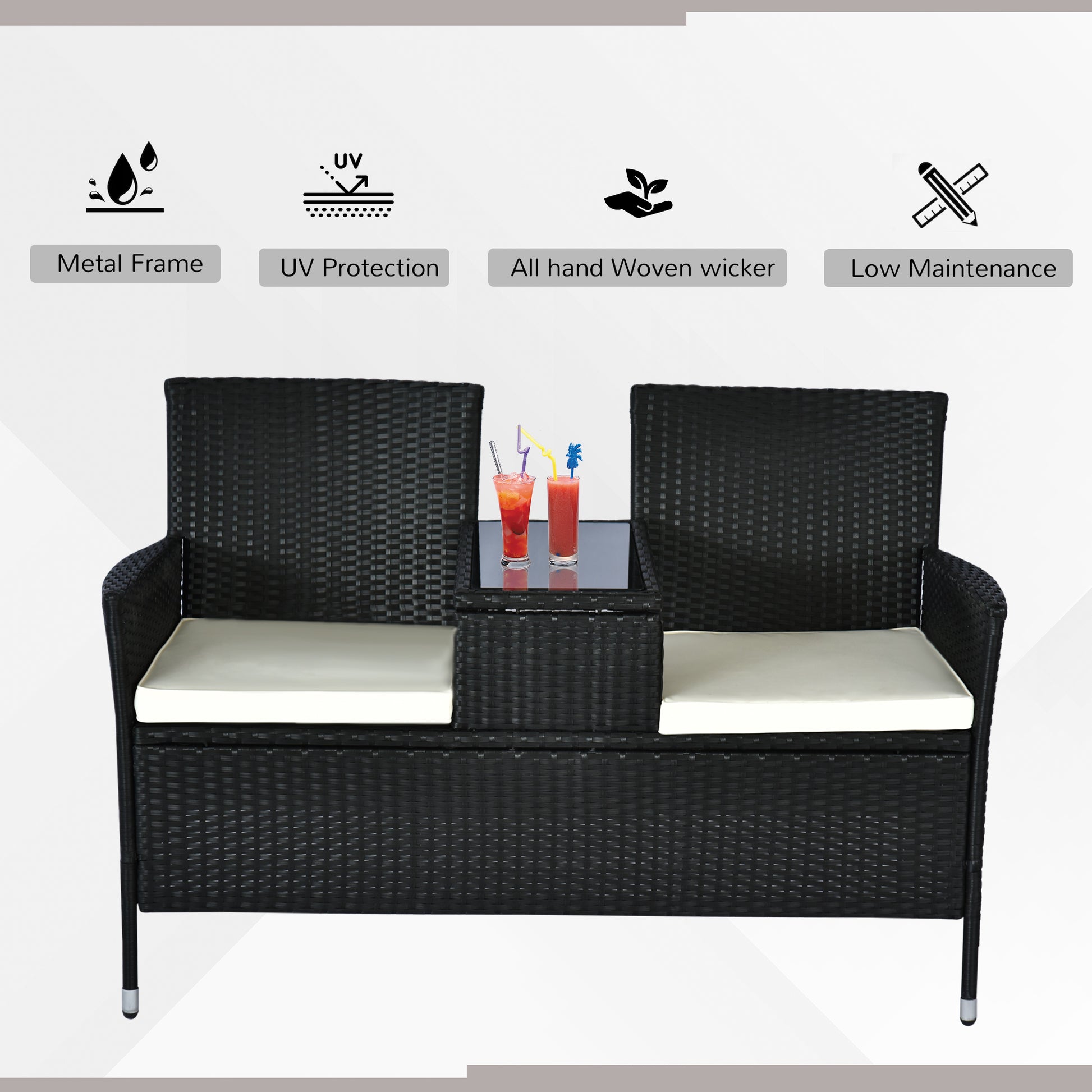 Outsunny Modern Black Rattan Loveseat Set with Cushions & Glass Table for Outdoor Patio - ALL4U RETAILER LTD