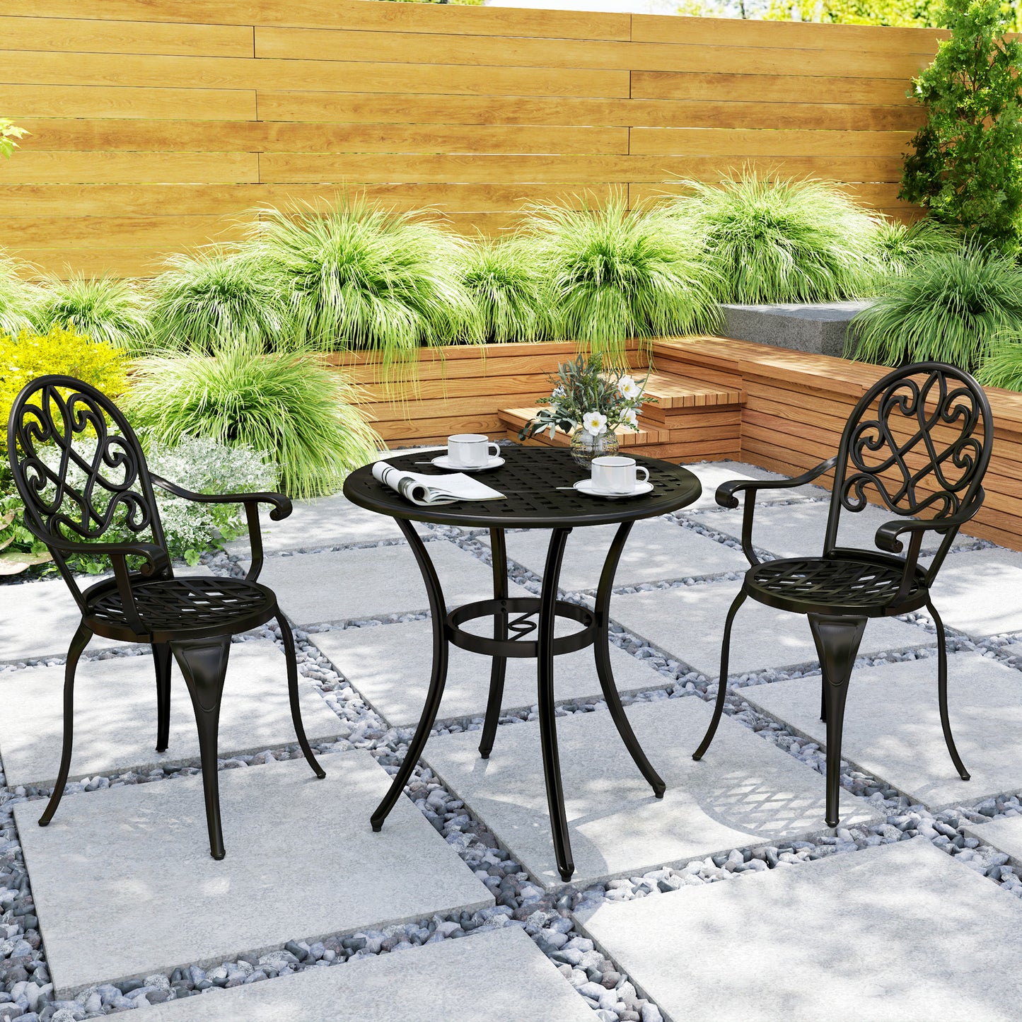 Outsunny Three Piece Aluminium Outdoor Garden Bistro Set With Round Table And Two Chairs In Black