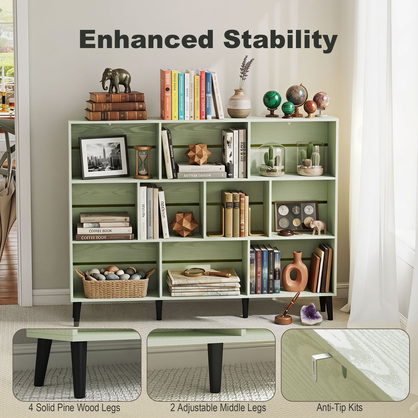 HOMCOM 10 Cube Bookcase with Solid Wood Legs 3 Tier Modern Bookshelf 140 cm Light Green Anti Tip Kit