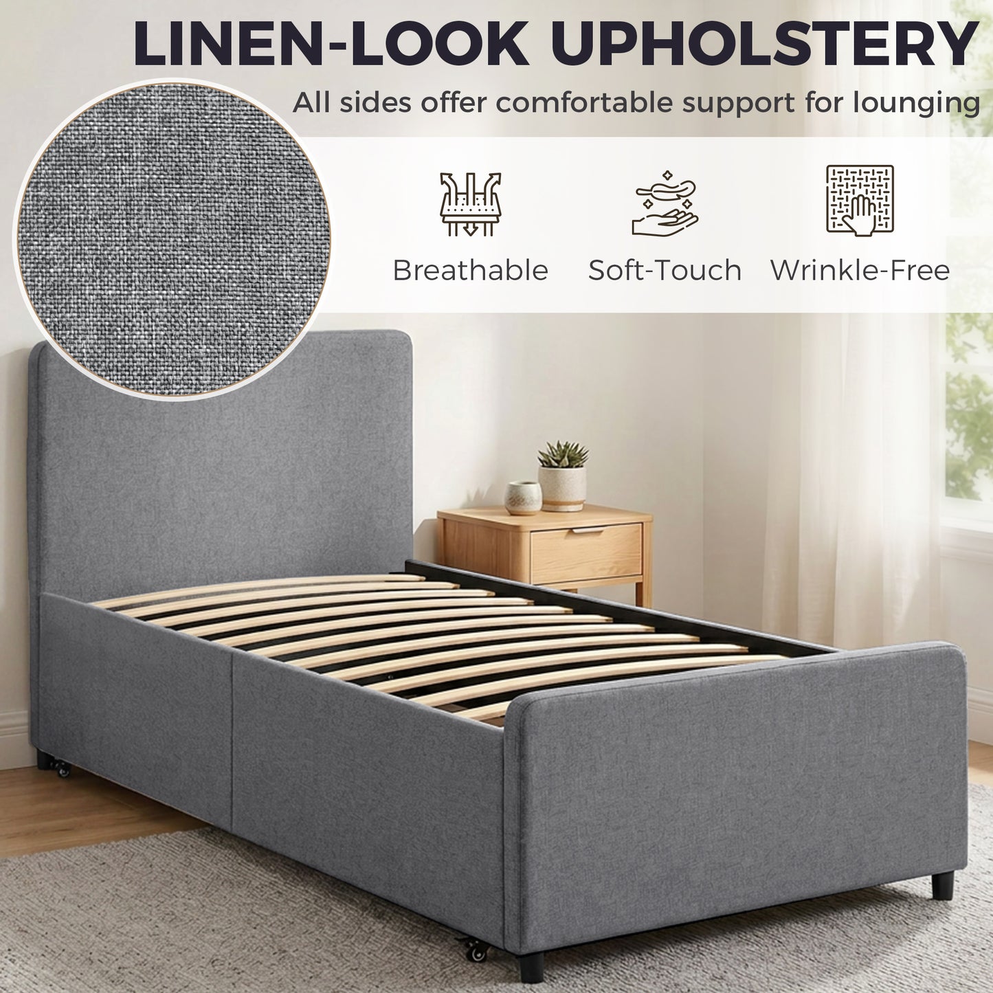 HOMCOM 3 Foot Single Bed Frame With Upholstered Pull Out Trundle Bed Headboard And Footboard Dark Grey