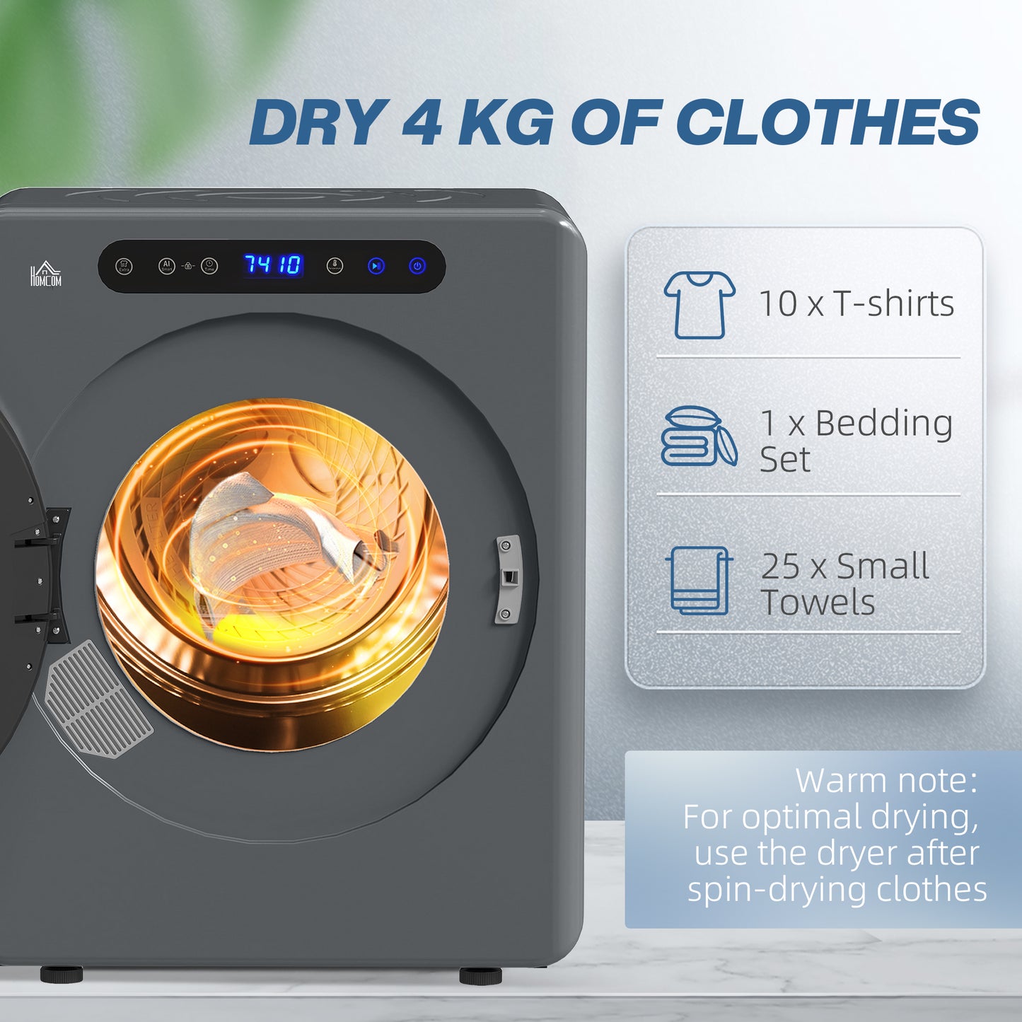 HOMCOM 4kg Compact Tumble Dryer 40-60C Grey For Small Spaces Efficient Fabric Care