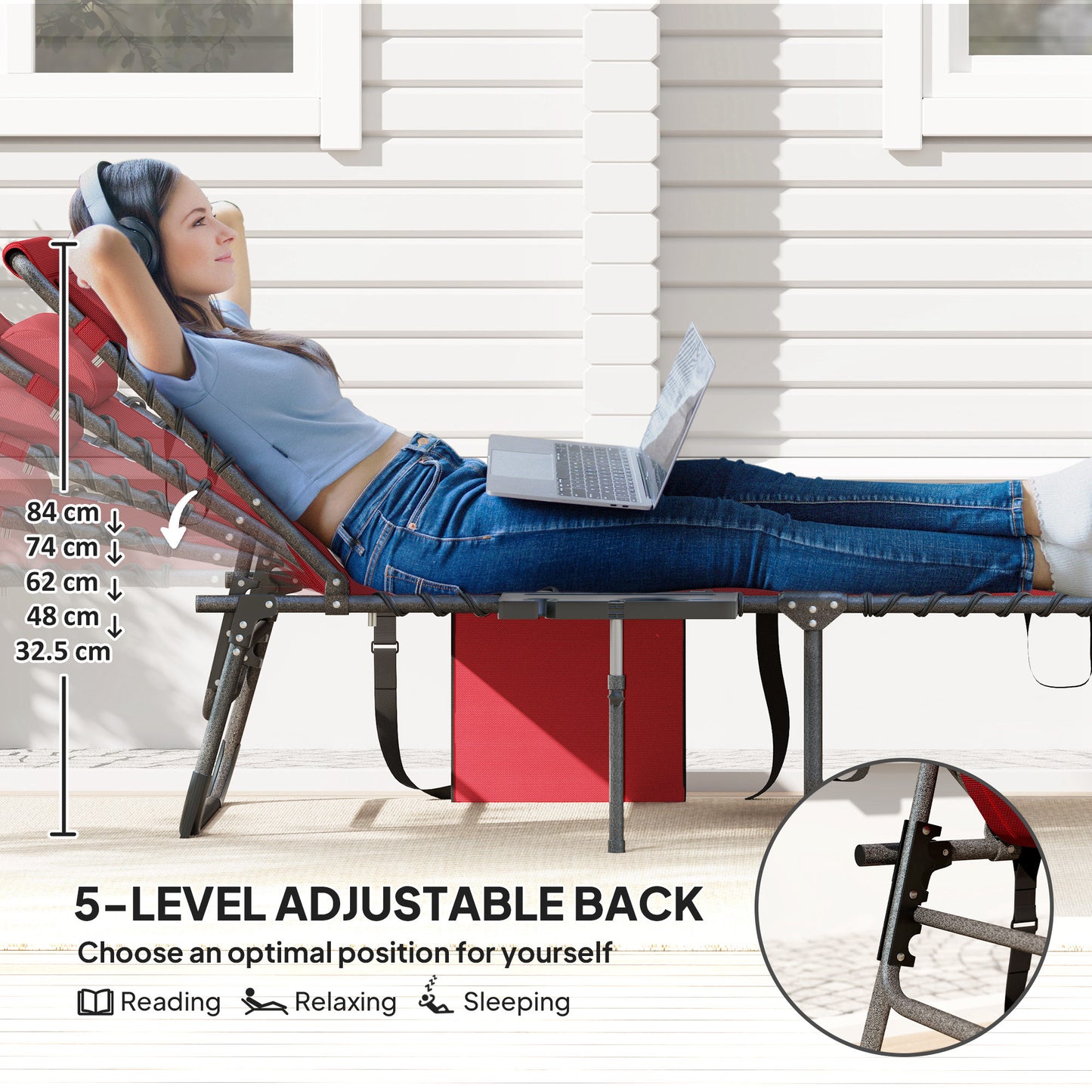 Outsunny Five Position Reclining Sun Lounger in Red With Powder Coated Steel Frame and Removable Pillow
