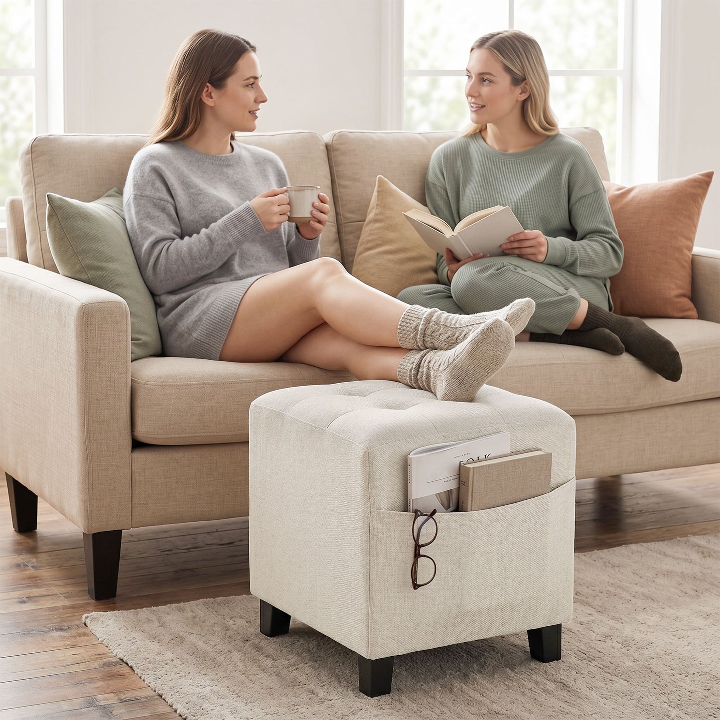HOMCOM Small Storage Ottoman Square Footstool With Side Pocket Rubber Wood Legs Padded Beige Living Room