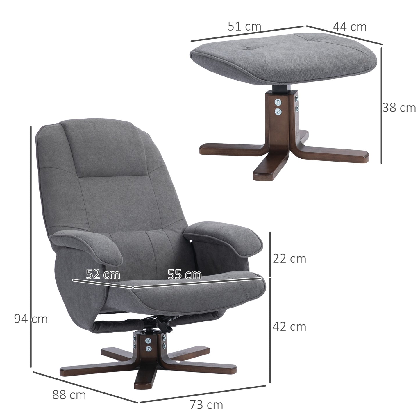 HOMCOM Linen Swivel Recliner Chair With Upholstered Footstool And Wooden Base In Grey For Living Room Comfort