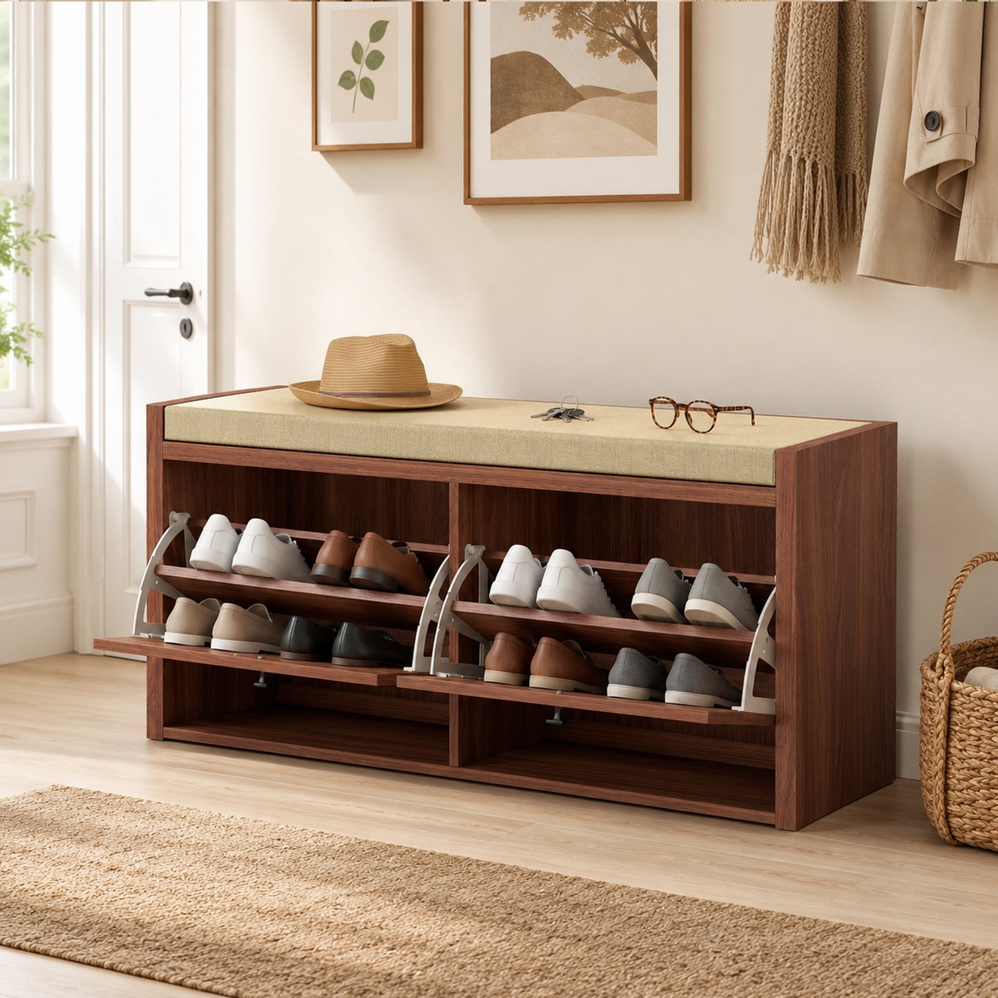 HOMCOM Rattan Shoe Bench With Padded Cushion And Hidden Storage Cabinets For Hallway Brown