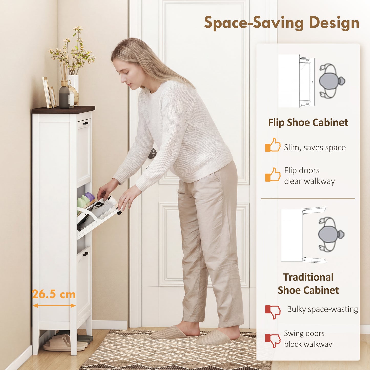Homcom Shoe Cabinet With Three Flip Drawers Farmhouse Narrow Shoe Storage Cabinet White With Adjustable Shelves