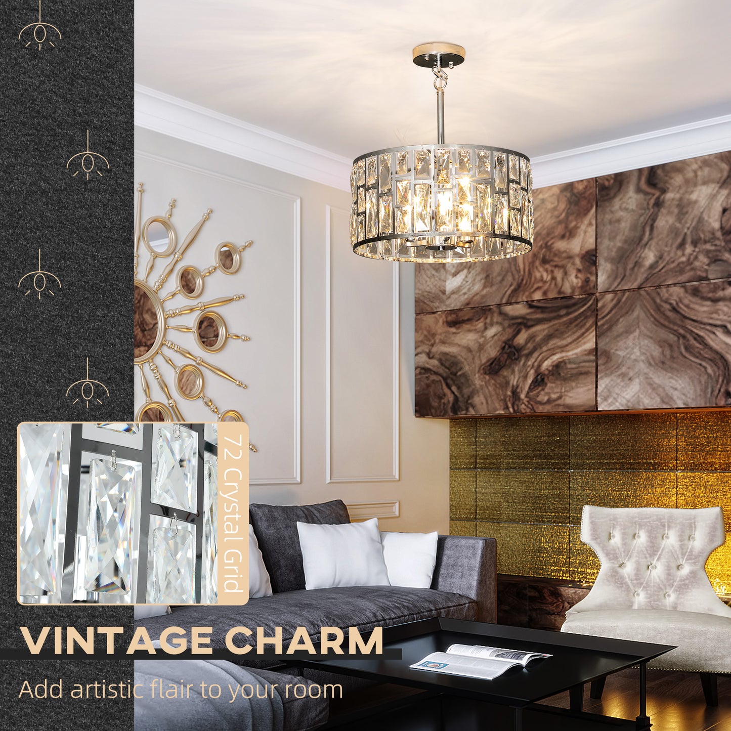 HOMCOM 72 Glass Crystallite Chandelier in Silver Tone for Ceiling Mount and Hanging Pendant With Three Bulbs