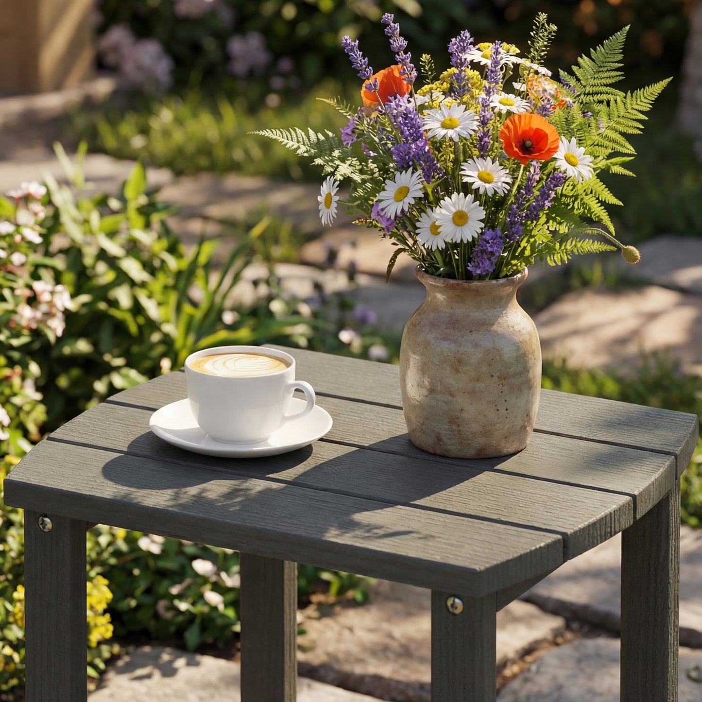 Outsunny All Weather HDPE Garden Side Table With Wood Effect Texture For Indoor Outdoor Patio Grey