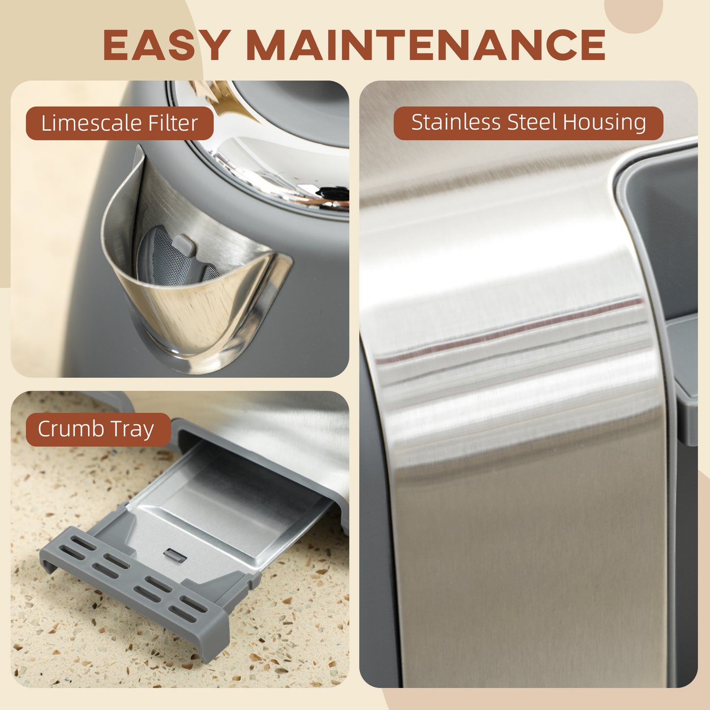 HOMCOM Stainless Steel Panel Kettle and Toaster Set 1.7L With UK Strix Thermostat Grey
