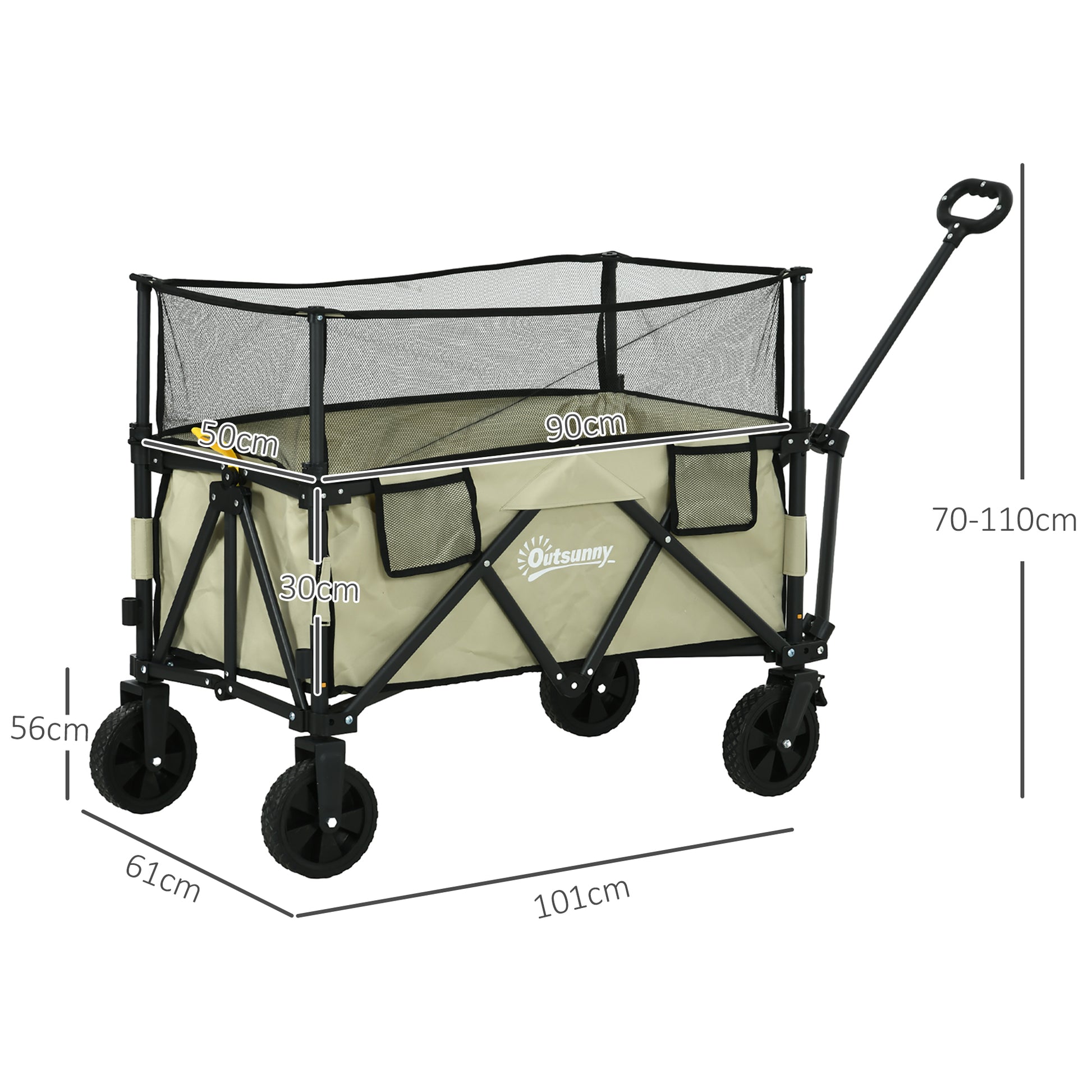 Outsunny Versatile Khaki Folding Trolley Wagon Cart with Extendable Side Walls for Beach and Camping - 180L Capacity - ALL4U RETAILER LTD