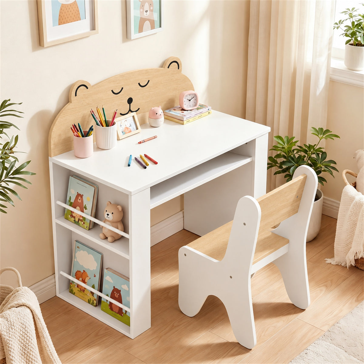 Bear kids table with bookshelf storage and matching wooden chair