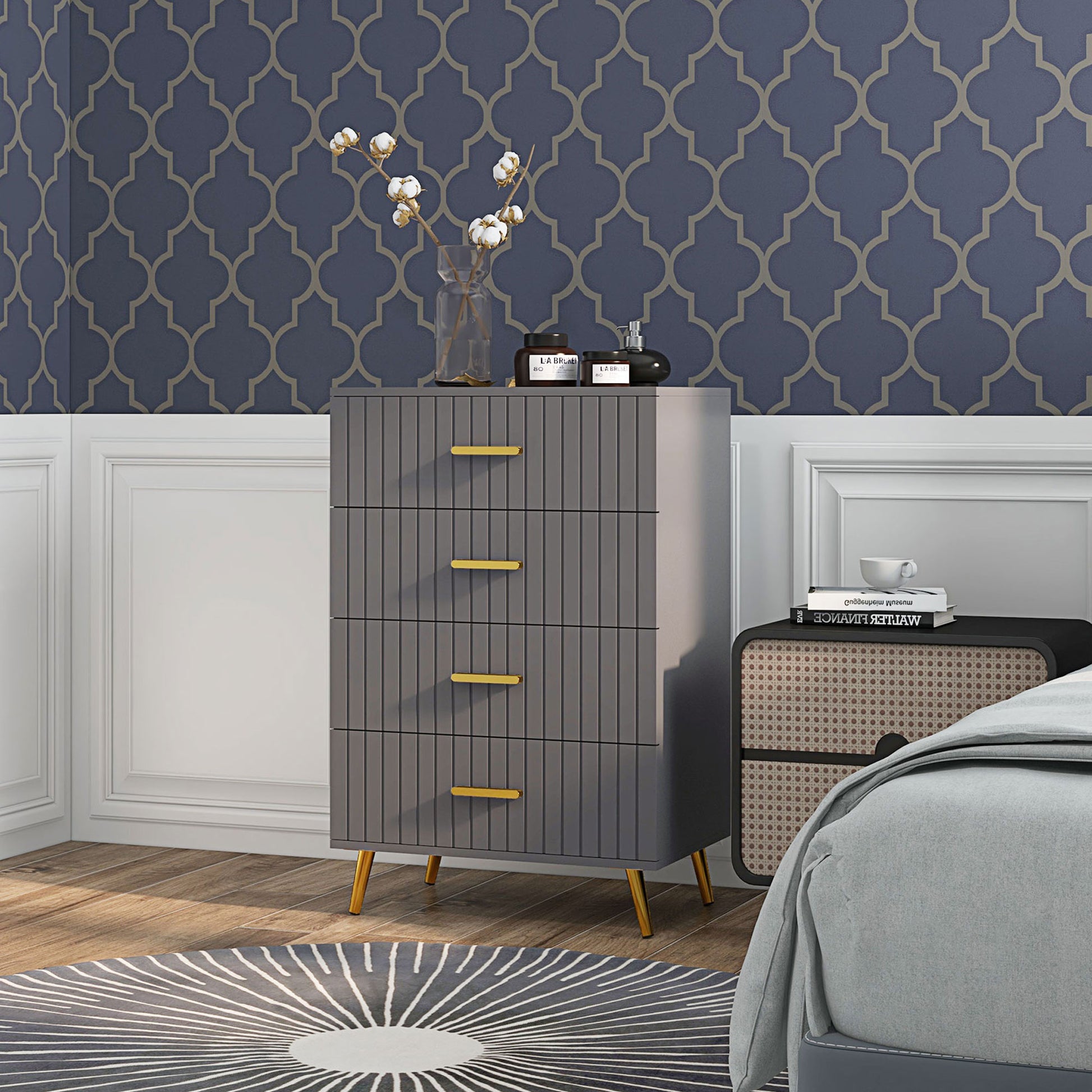 HOMCOM Modern 4-Drawer Chest of Drawers in Dark Grey with Gold Accents and Aluminium Legs - ALL4U RETAILER LTD