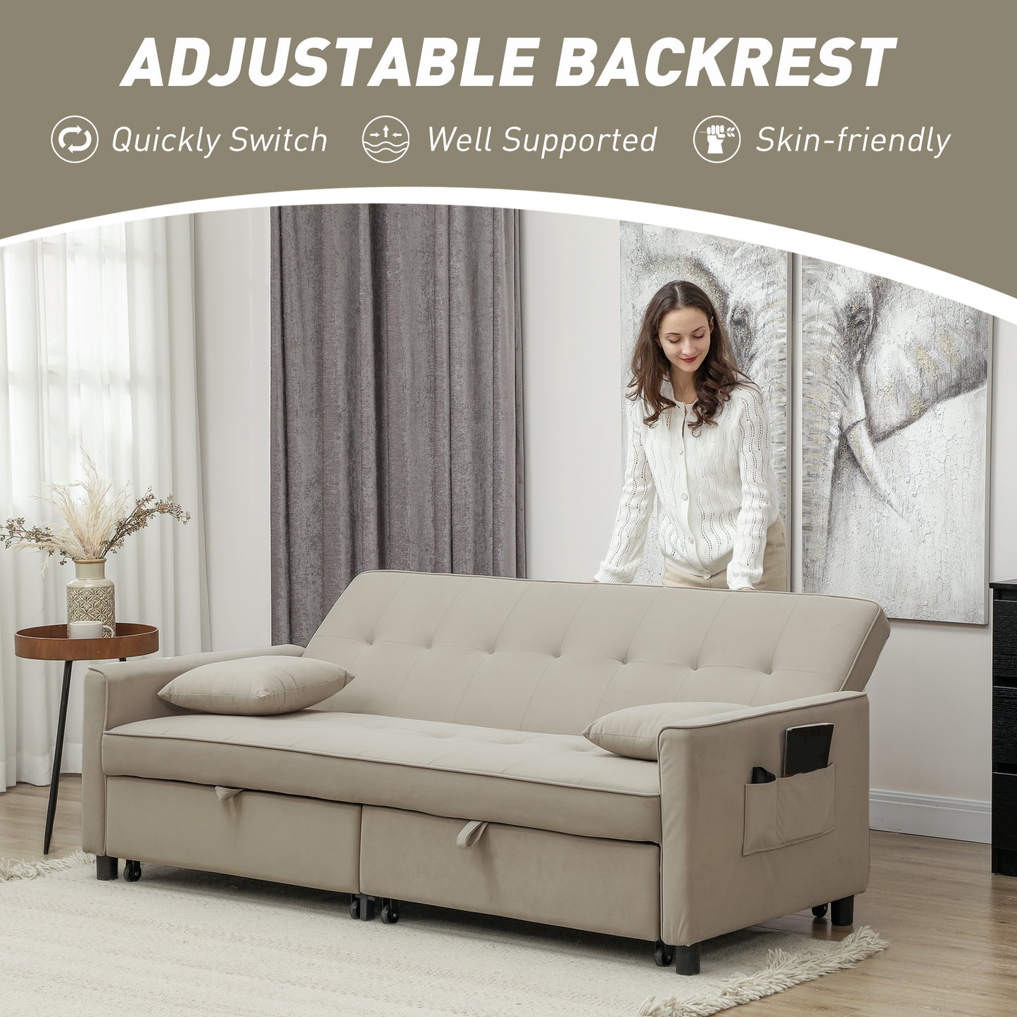 HOMCOM Velvet Feel Three Seater Sofa Bed With Click Clack Function And Wheels Beige