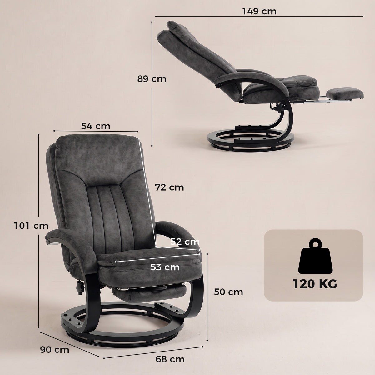 Gray velvet swivel recliner chair with retractable footrest, side view