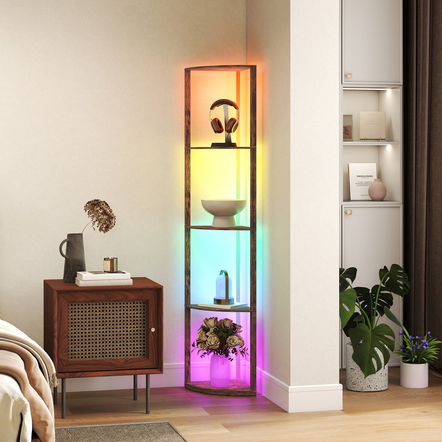 HOMCOM RGB Standing Lamp With Shelves Multi Tier LED Floor Lamp With RGB Lighting Modes Rustic Brown