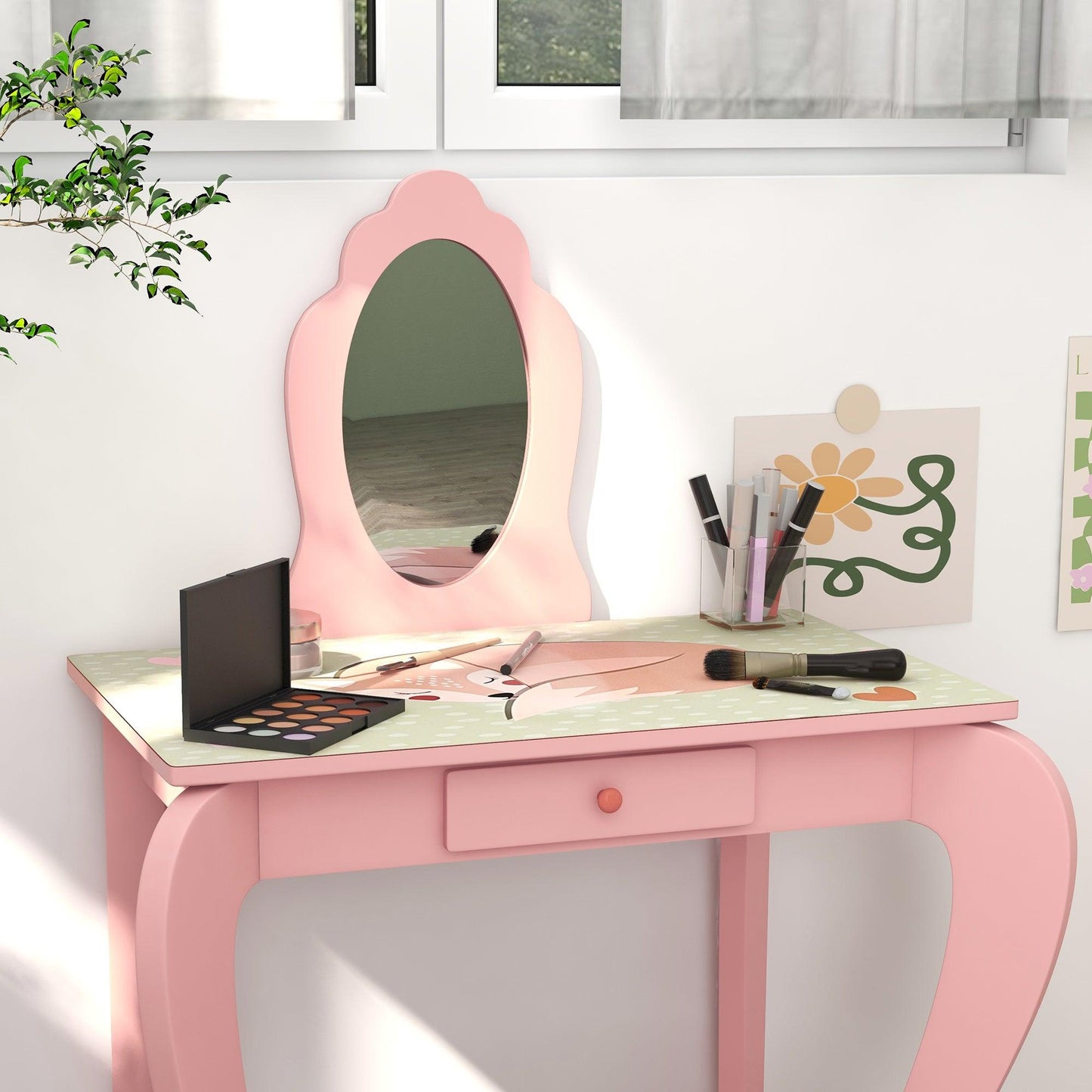 ZONEKIZ Kids Dressing Table with Mirror and Stool, Girls Vanity Table - Pink - ALL4U RETAILER LTD