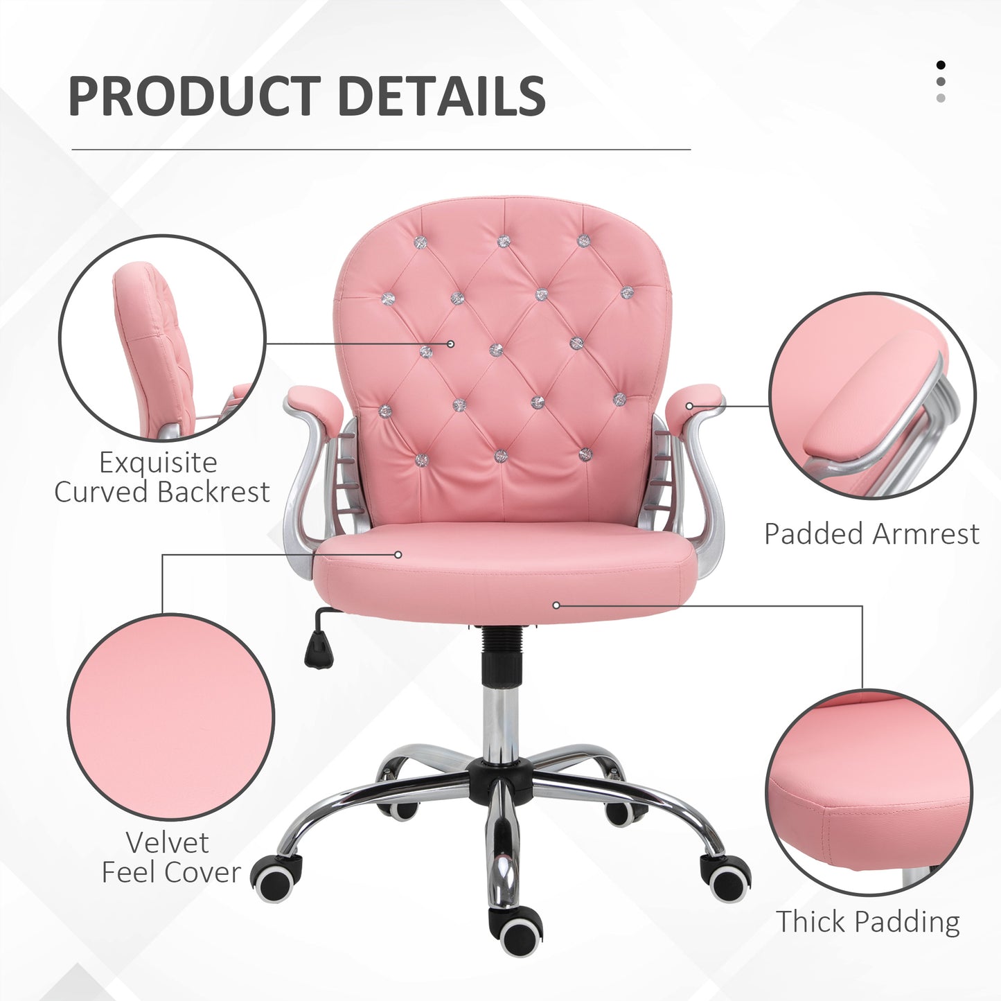 Vinsetto Glamorous Ergonomic Office Chair with 360° Swivel and Diamante Tufting - Pink - ALL4U RETAILER LTD