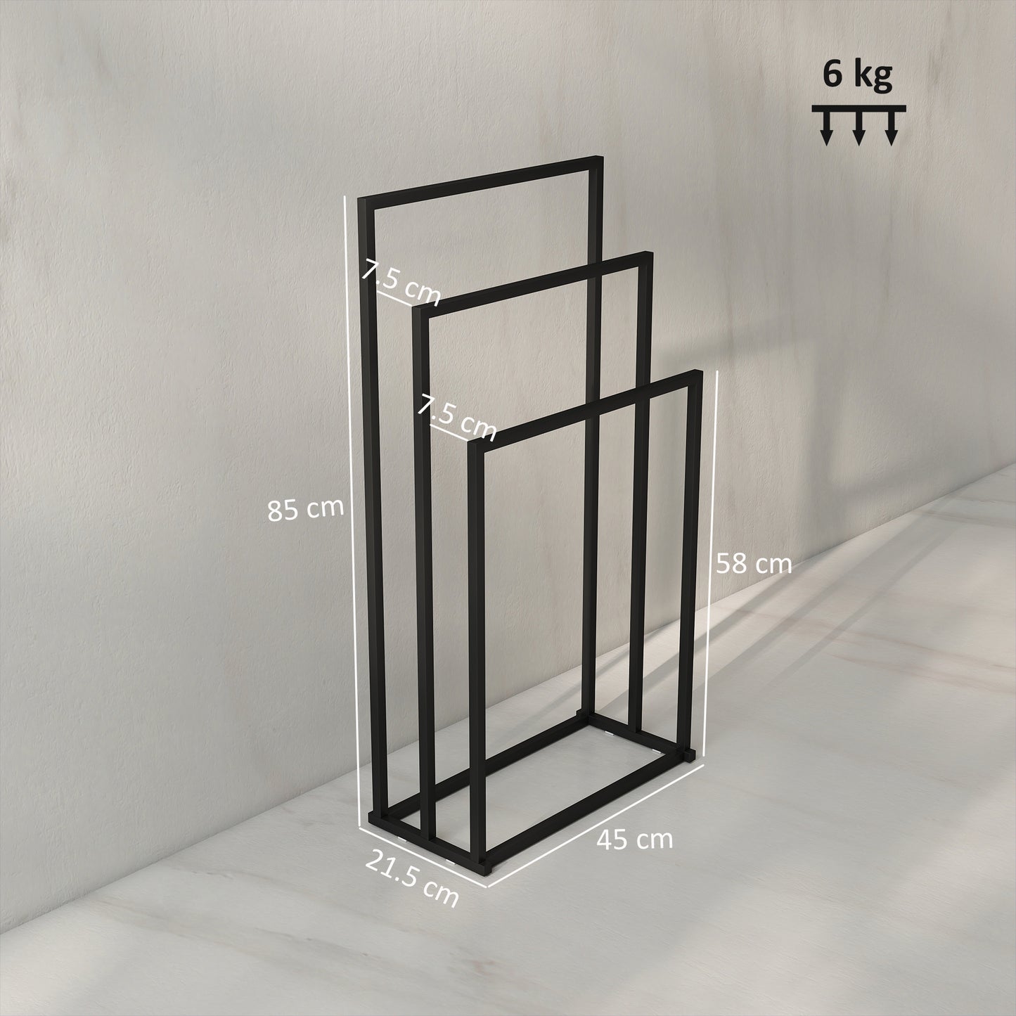 HOMCOM Freestanding Space Saving Steel Towel Rack With 3 Bars For Bathroom And Laundry Black