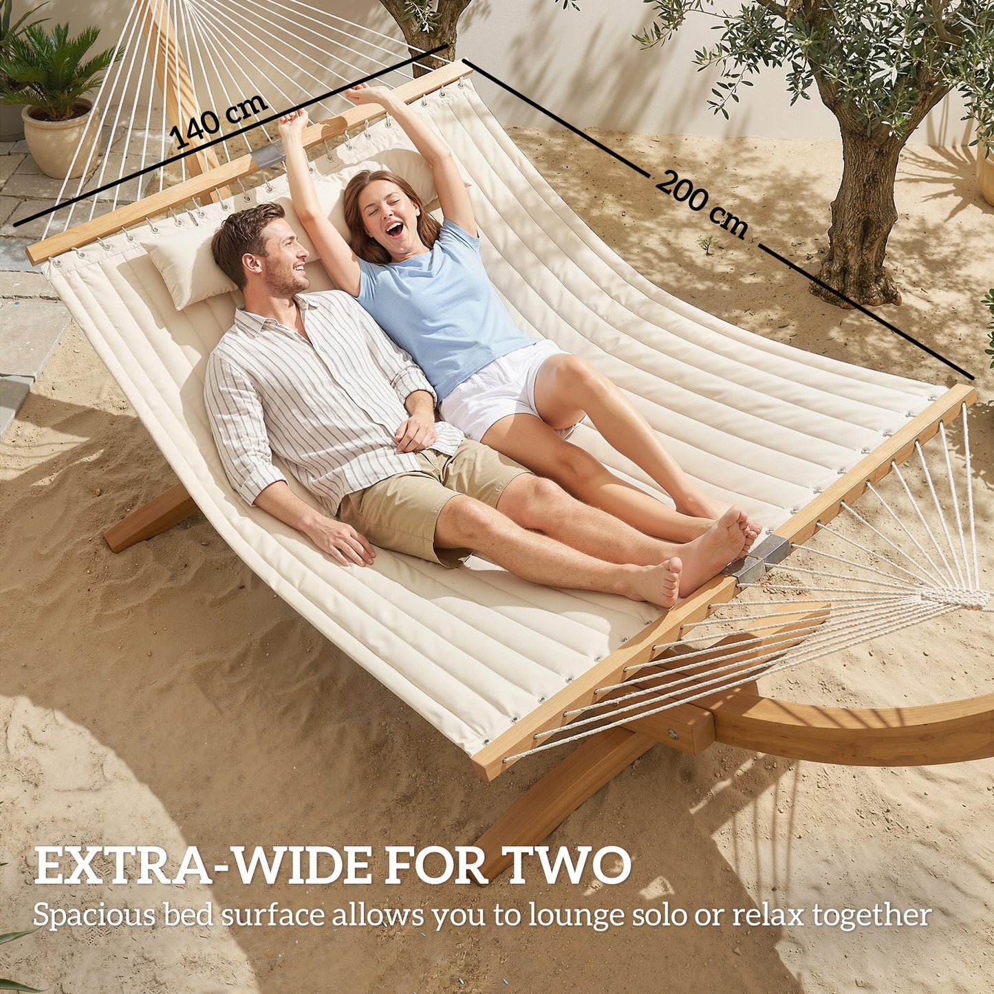 Outsunny Double Hammock With Stand For Two 200x140cm Cream White Cushioned Bed With Spreader Bars Pillows And Pad