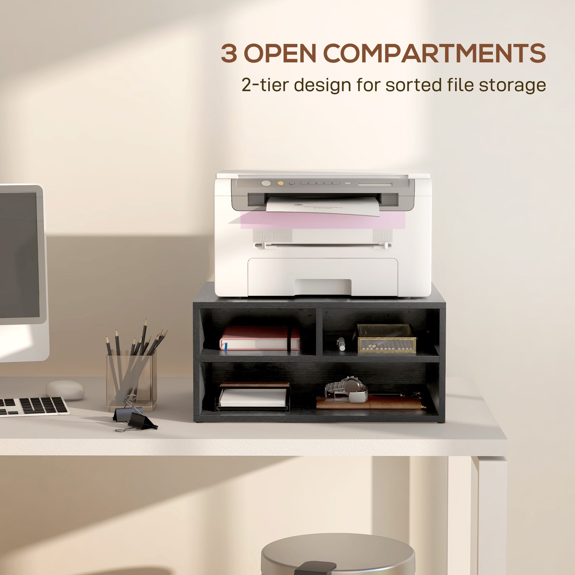 HOMCOM 2-Tier Printer Stand with Open Storage Compartments for Home Office, Black - ALL4U RETAILER LTD