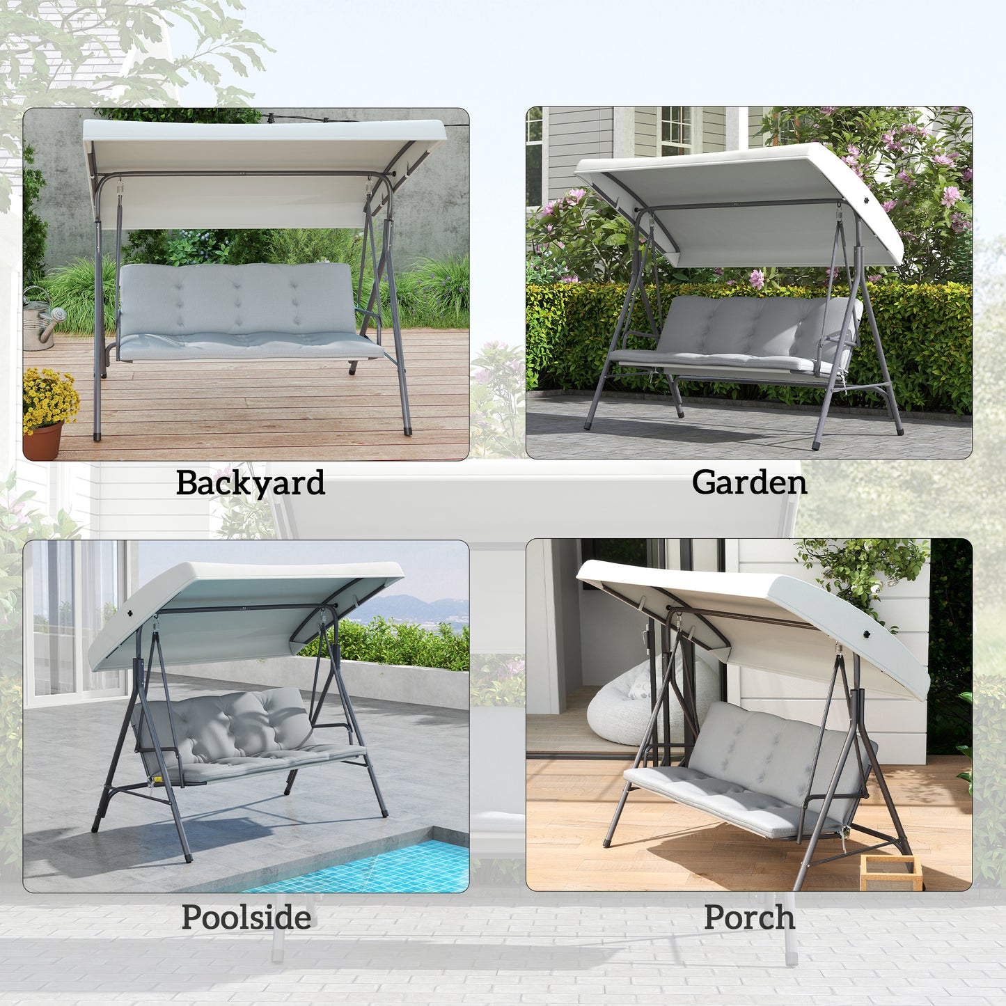 Outsunny Three Seater Garden Swing Seat With Adjustable Canopy And Removable Padded Seat And Back Cushions Light Grey