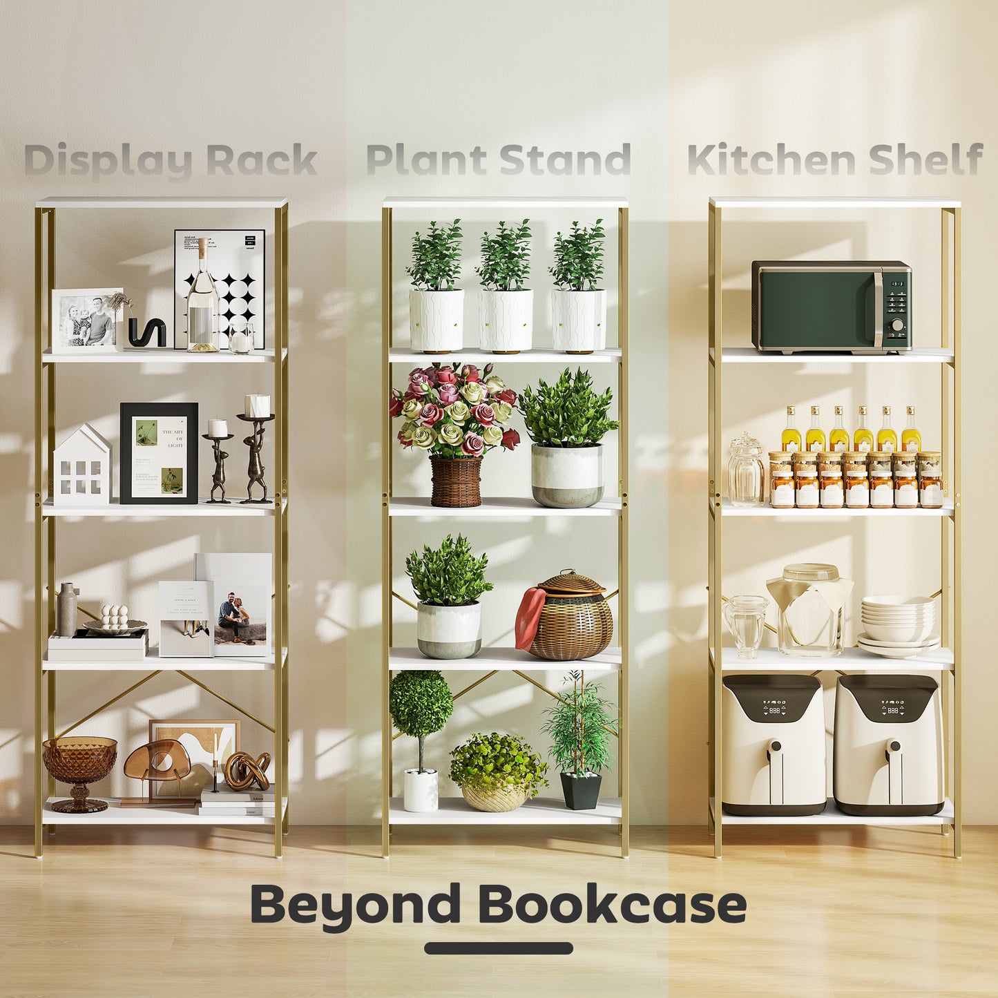 HOMCOM 5 Tier Bookshelf Modern Bookcase With Metal Frame White And Gold Tone Back X Bar Support