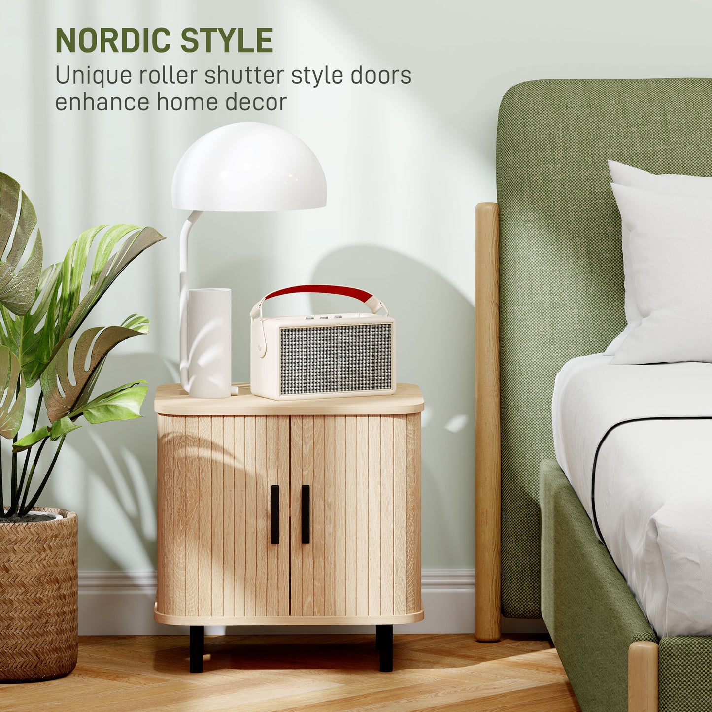 HOMCOM Nightstand With Sliding Doors And Metal Legs Oak Tone Nordic Style Bedside Table With 2 Tier Storage