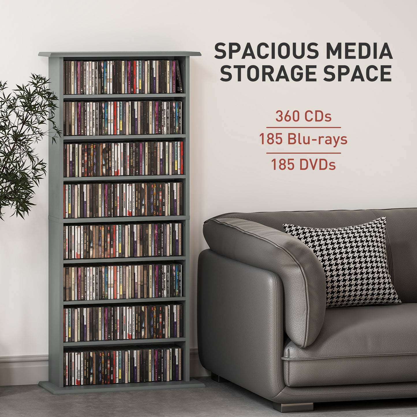 HOMCOM 360 CD Storage Unit Grey Tall Wall Mounted Multimedia Shelf Eight Compartments for CDs DVDs Blu Rays