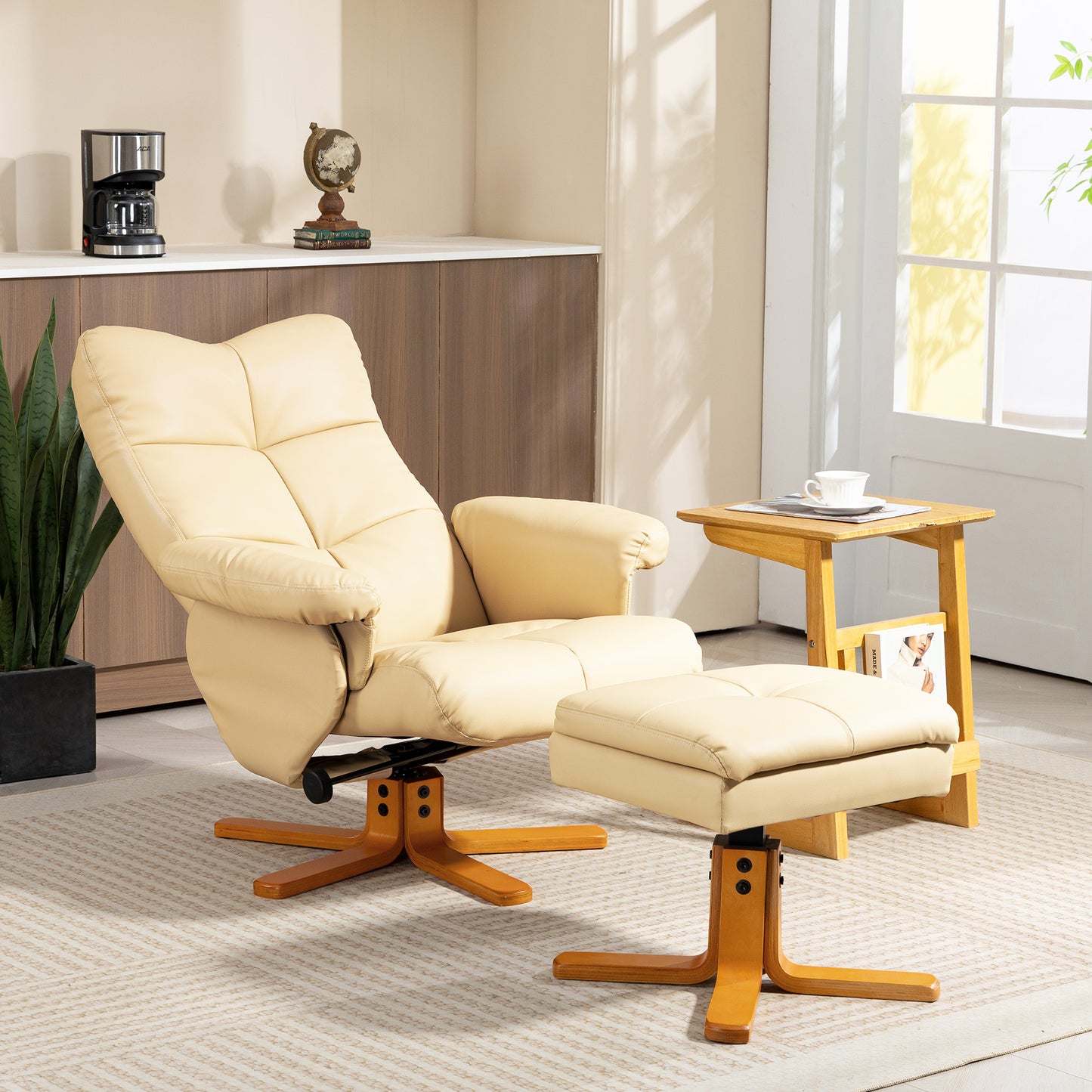 HOMCOM PU Leather Swivel Recliner Chair In Beige With Wooden Base Footstool And Hidden Storage