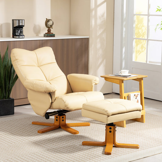 HOMCOM PU Leather Swivel Recliner Chair In Beige With Wooden Base Footstool And Hidden Storage