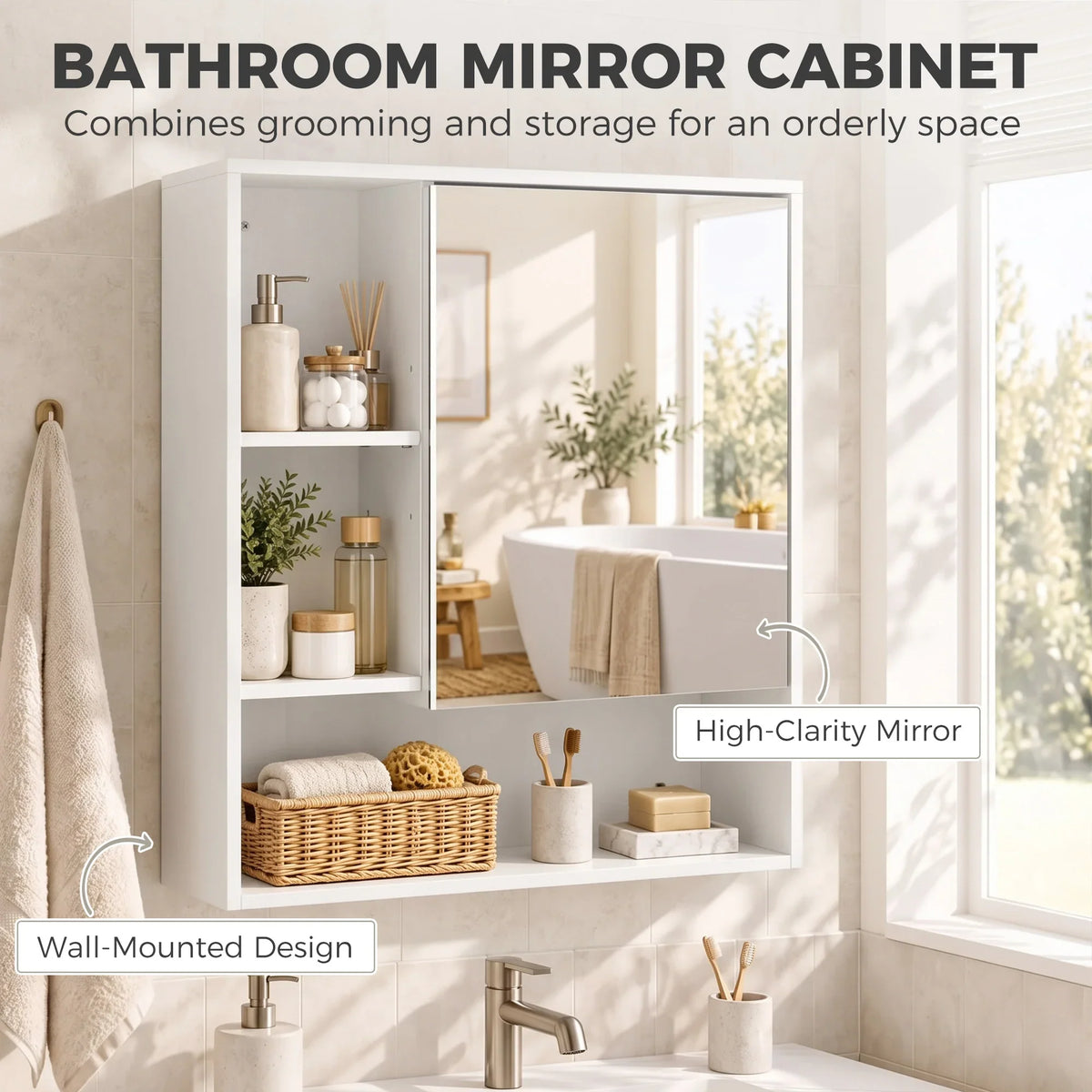 White bathroom mirror cabinet with adjustable shelves and high-clarity mirrored door