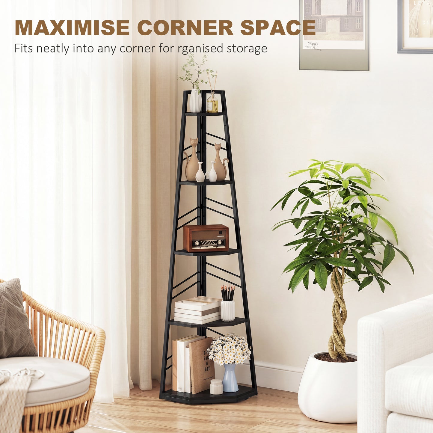 HOMCOM Corner Bookcase 5-Tier Floor Standing Bookshelf For Living Room Study Bedroom Black
