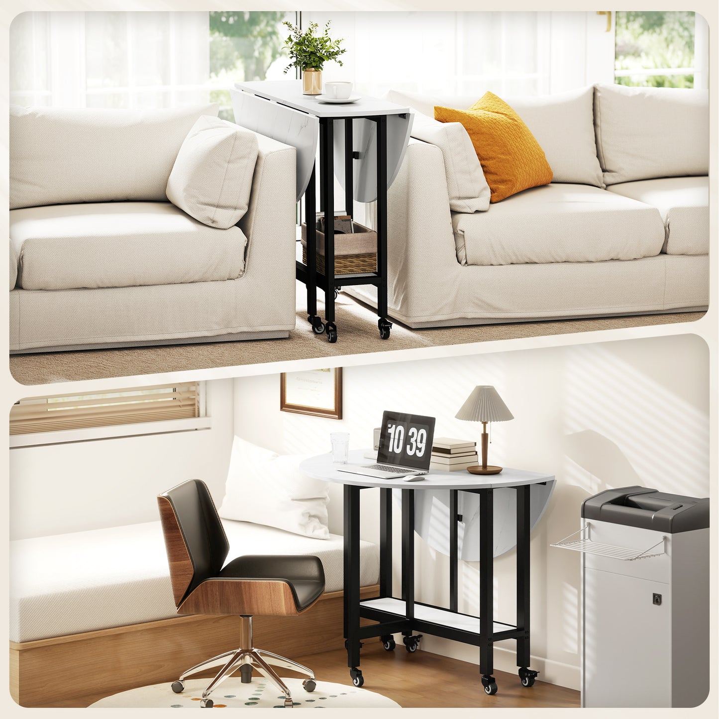 HOMCOM Folding Dining Table With Drop Leaf And Open Shelf On Wheels For Small Spaces White Marble