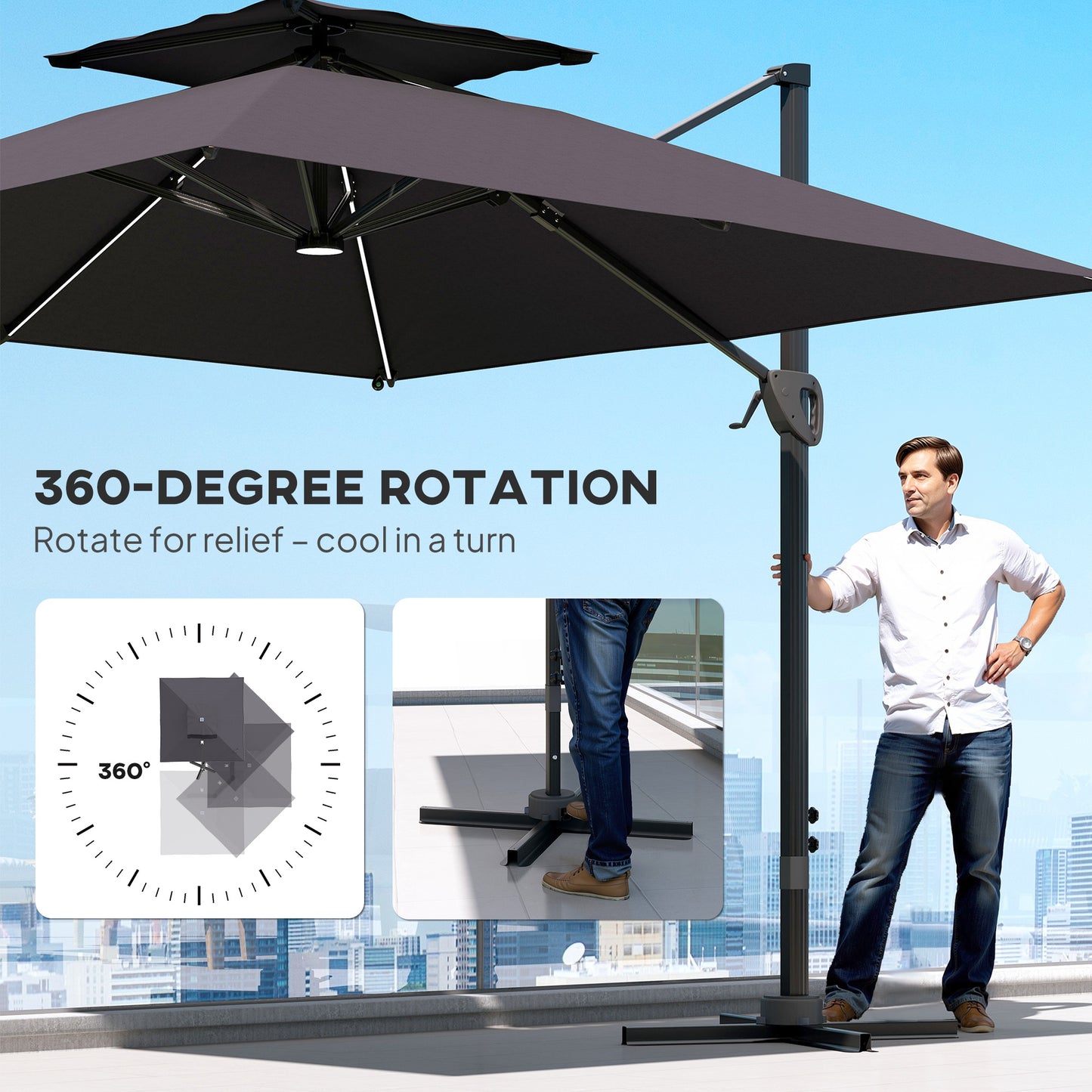 Outsunny Cantilever Parasol With Solar LED Lights Crank Tilt Aluminium Square Patio Umbrella Cross Base UPF50 Grey