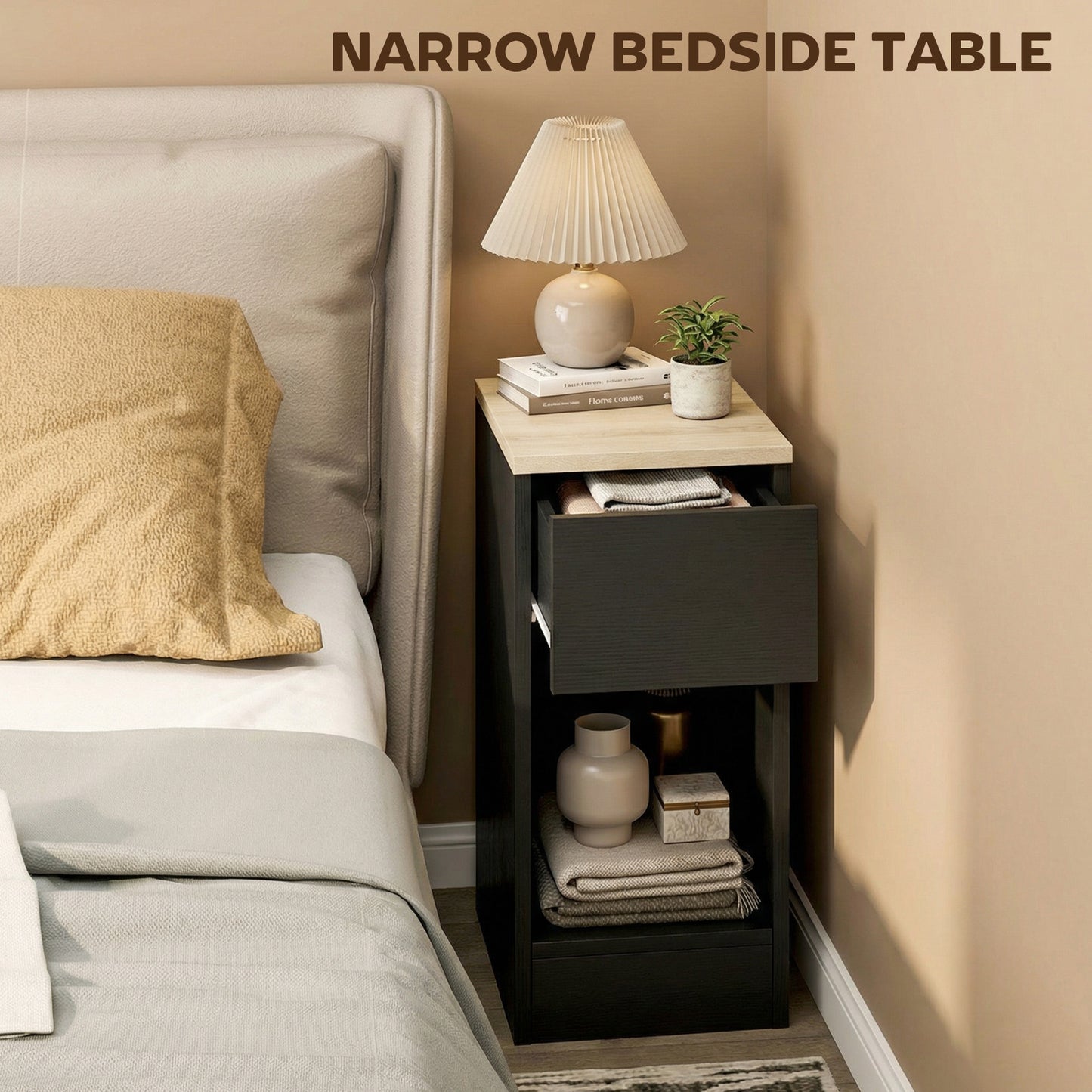 HOMCOM Set Of Two Modern Black Storage Bedside Tables With Wood Effect Tops For Small Spaces