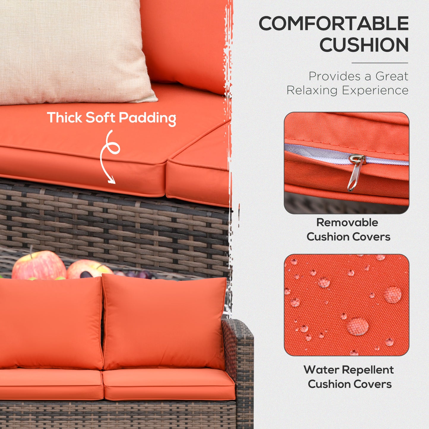 Outsunny 6 Piece Rattan Garden Set 7 Seater Wicker Outdoor With Storage Tea Table And Side Table Orange Cushions