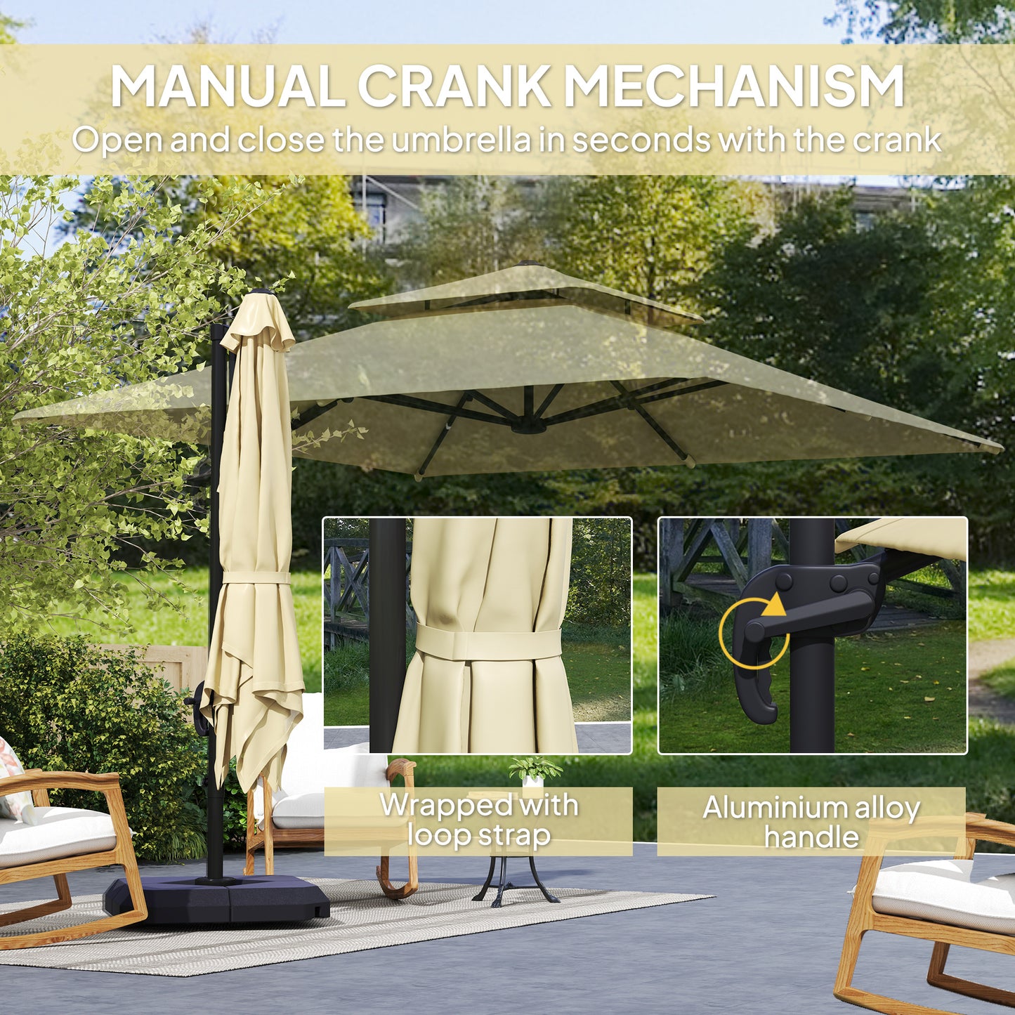 Outsunny 2.7m Cantilever Parasol Aluminium Frame Crank Tilt 360 Rotation Garden Umbrella With Base And Cover Khaki