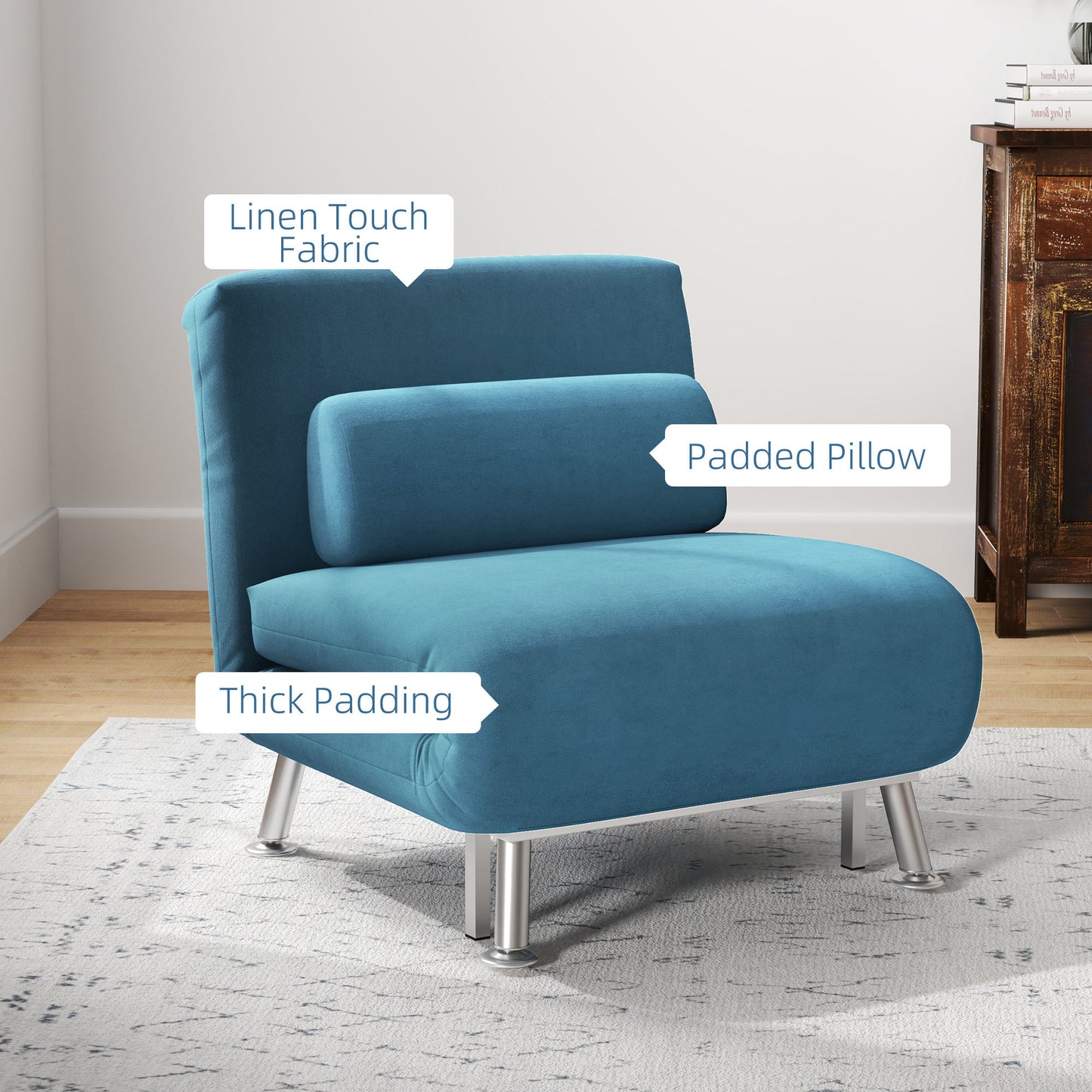 HOMCOM Velvet Feel Sleeper Chair Blue 3 In 1 Chair To Chaise Longue And Bed With Five Level Adjustable Backrest