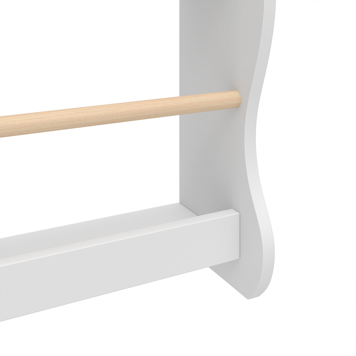 Close-up of white bookshelf shelf edge with rounded side panel and inner support